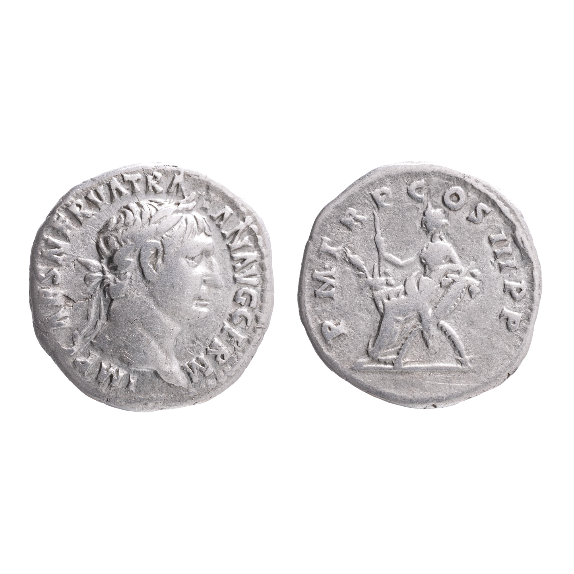 Monedă Denarius, Traian, tip Abundantia pe tron, Imperiul Roman, 100 e.n., argint