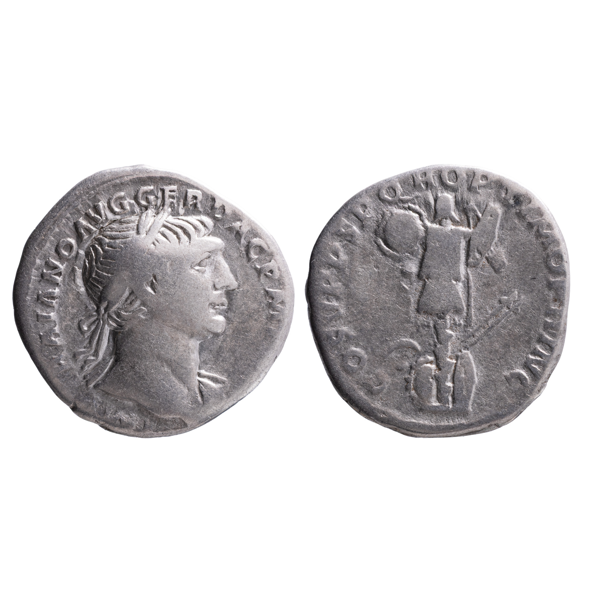 Monedă Denarius, Traian, tip trofeu, Imperiul Roman, 107-108 e.n., argint