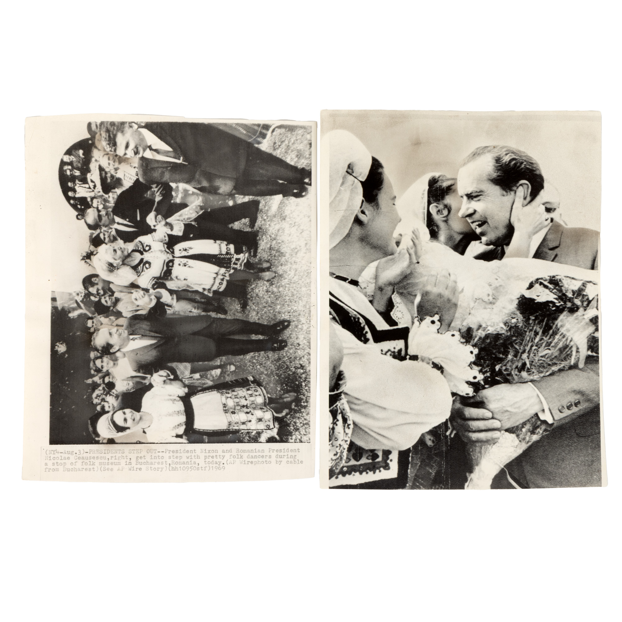 Lot consisting of two press photos illustrating the visit of American President Richard Nixon in Romania, the moment of stopping at the Village Museum in Bucharest and the departure from Otopeni Airport, Associated Press Wire Photo, August 1969