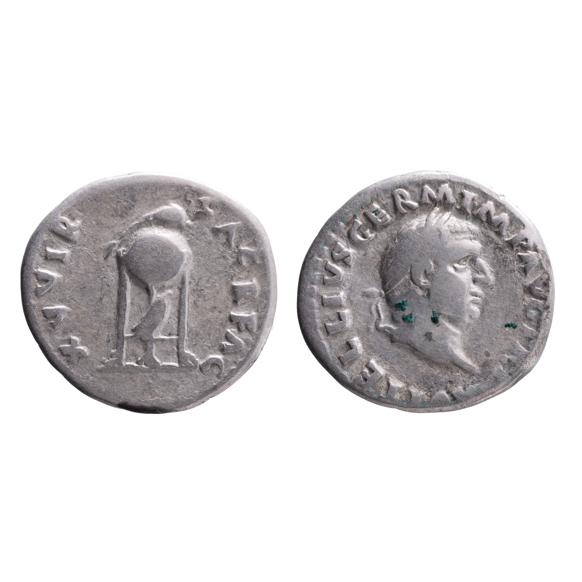 Monedă Denarius, Vitellius, tip tripod surmonat de un delfin, Imperiul Roman, 69 e.n., argint