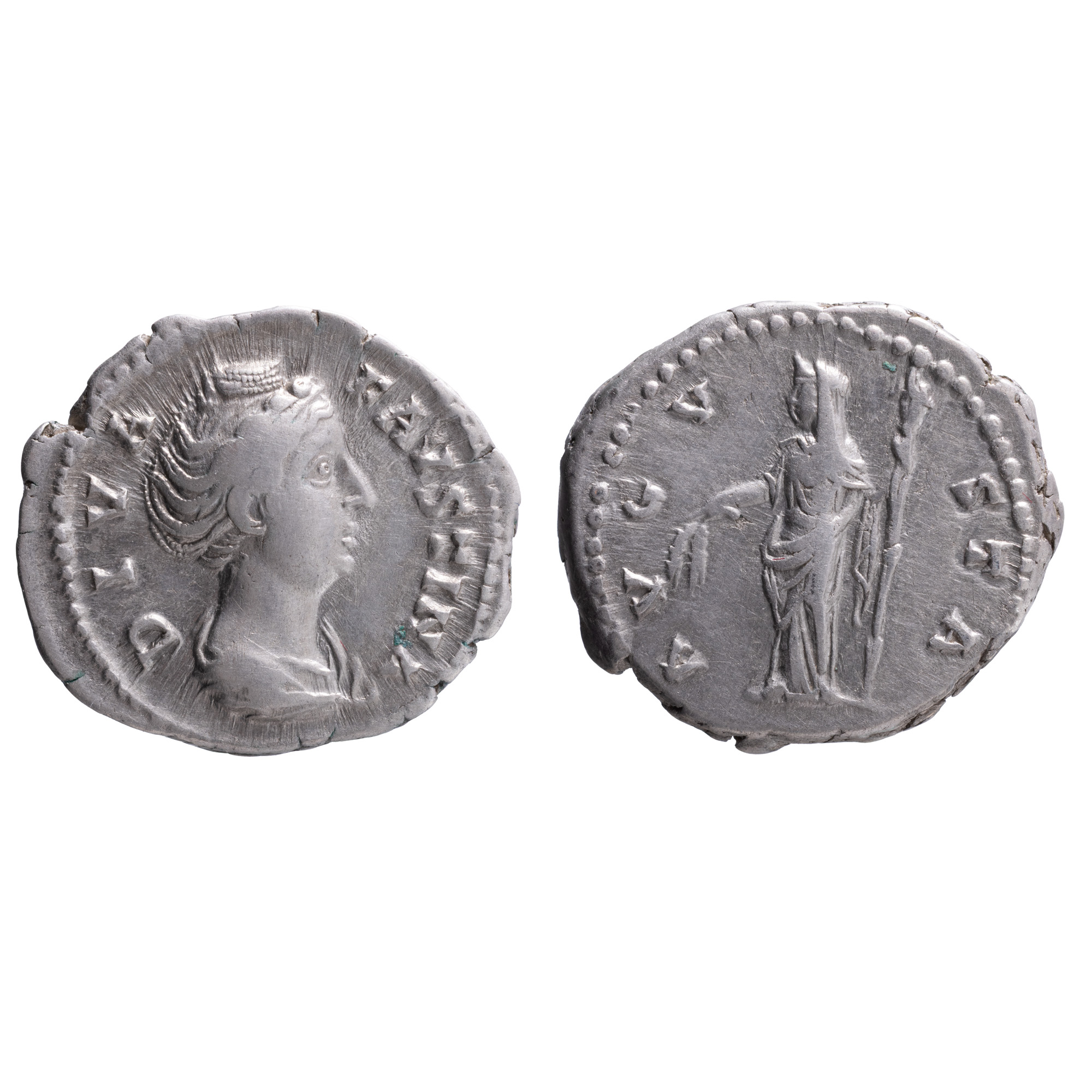 Monedă Denarius, Antoninus Pius, tip Diva Faustina, Imperiul Roman, 141 e.n., argint