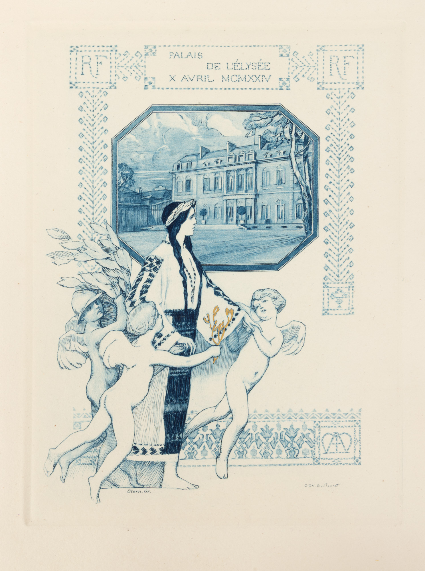 Program al dineului oferit în onoarea Regelui Ferdinand al României cu ocazia vizitei oficiale în Franța, la palatul Élysée, Paris, 10 aprilie 1924, aquaforte realizată de Gr. Stern