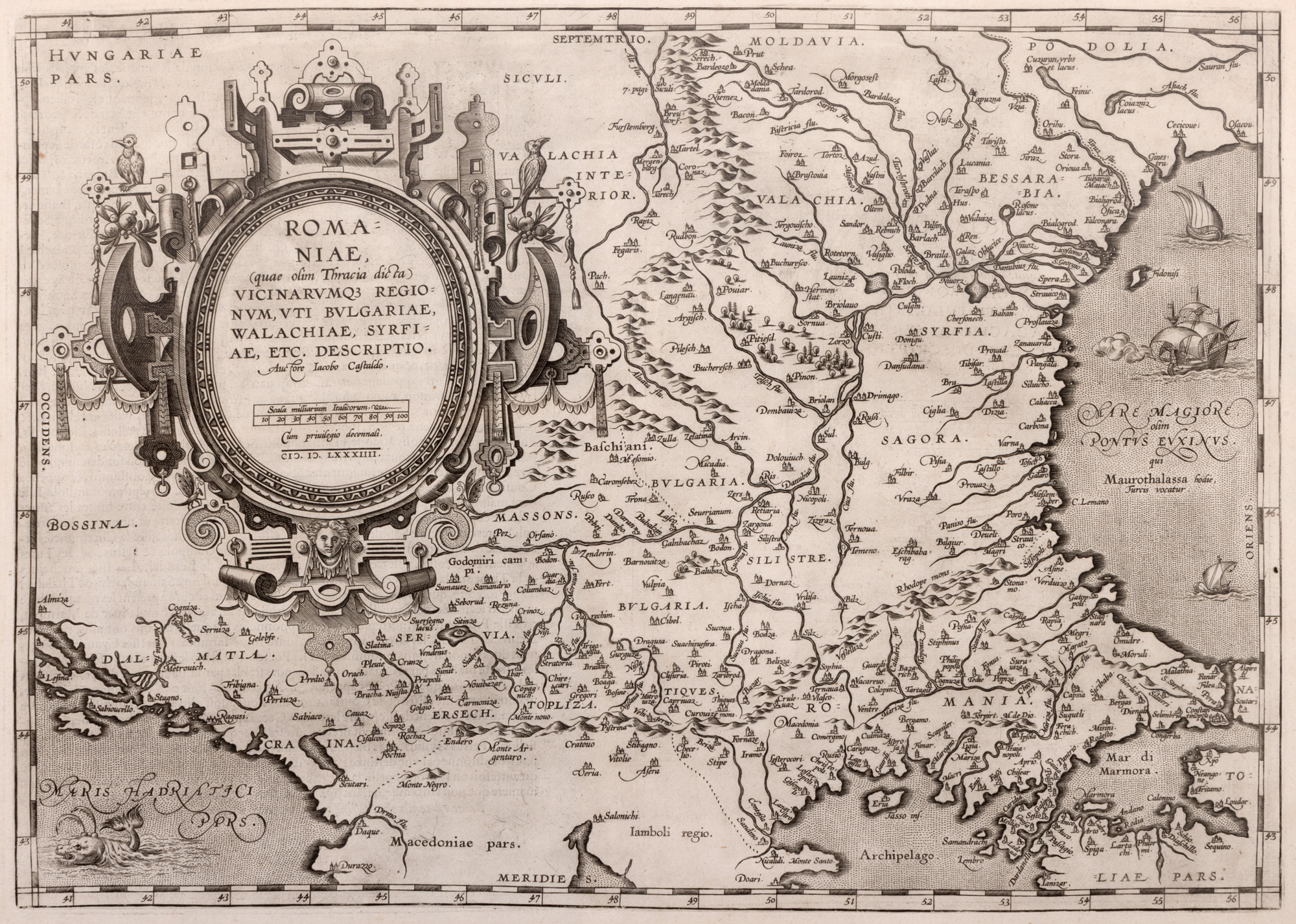 Hartă ”Romaniae, Bulgaria, Valahia", de Iacobo Castaldi, tipărită de Abraham Ortelius, ediţia Orbis Terrarum, Antwerp, mijlocul sec. XVII