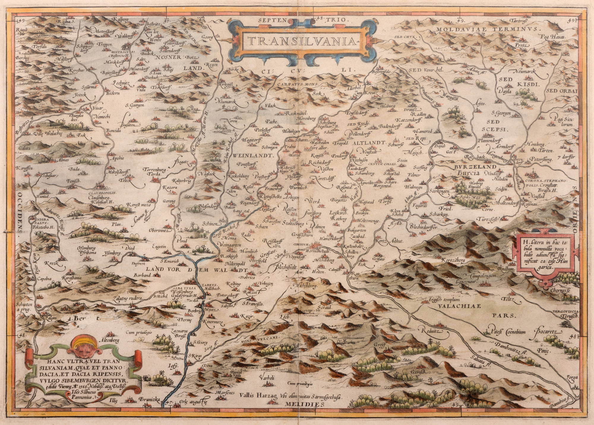 Hartă ”Transilvania”, de Johannes Sambucus (Janos Zsamboky), tipărită de Abraham Ortelius, ediţia Orbis Terrarum, Antwerp, mijlocul sec. XVII