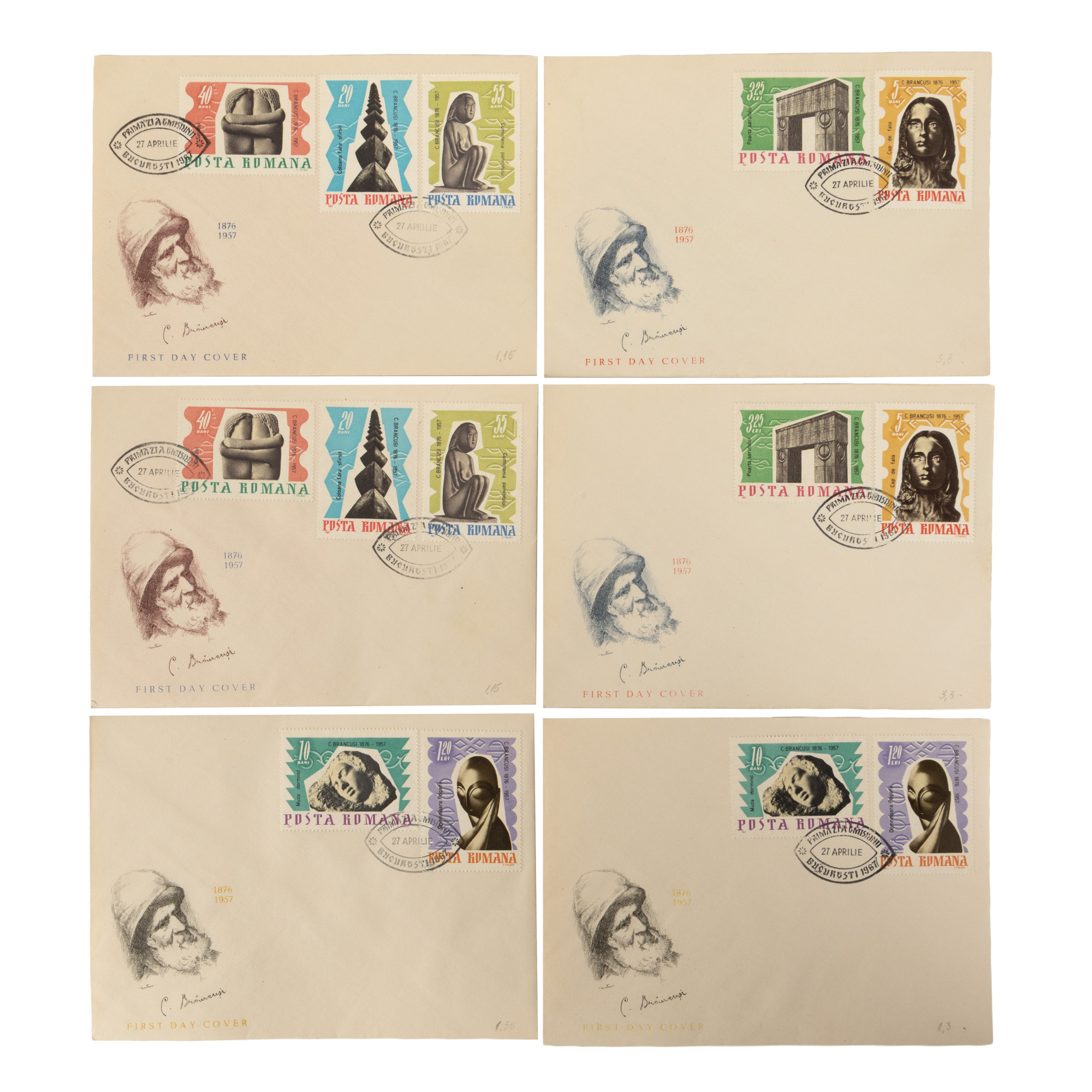 Lot consisting of six First Day of Issue Envelopes, Constantin Brâncuși series, April 27, 1987