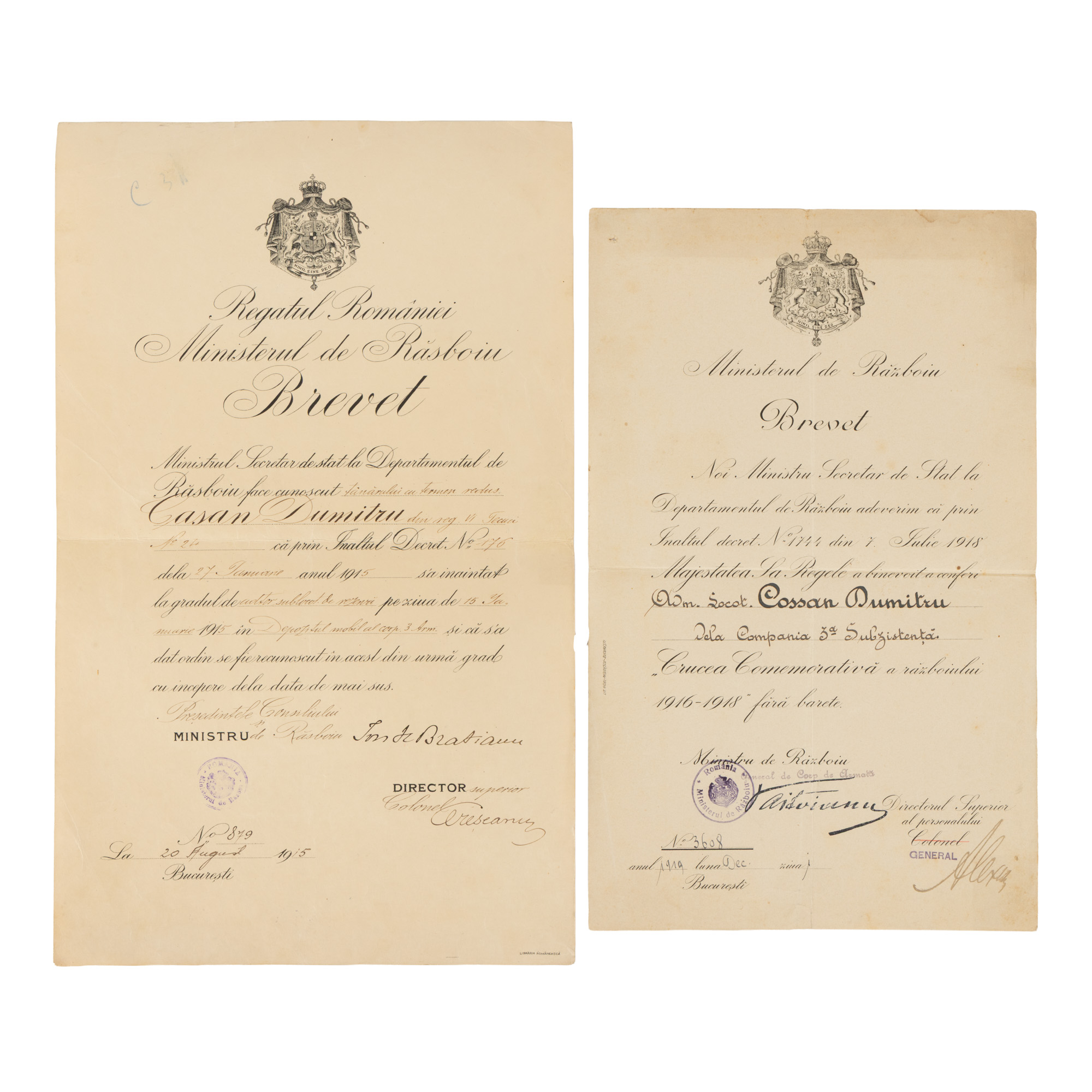 Lot consisting of two patents awarded to Dumitru Casan, with the holographic signatures of General Arthur Văitoianu and Prime Minister Ion I.C. Brătianu, 1915-1919