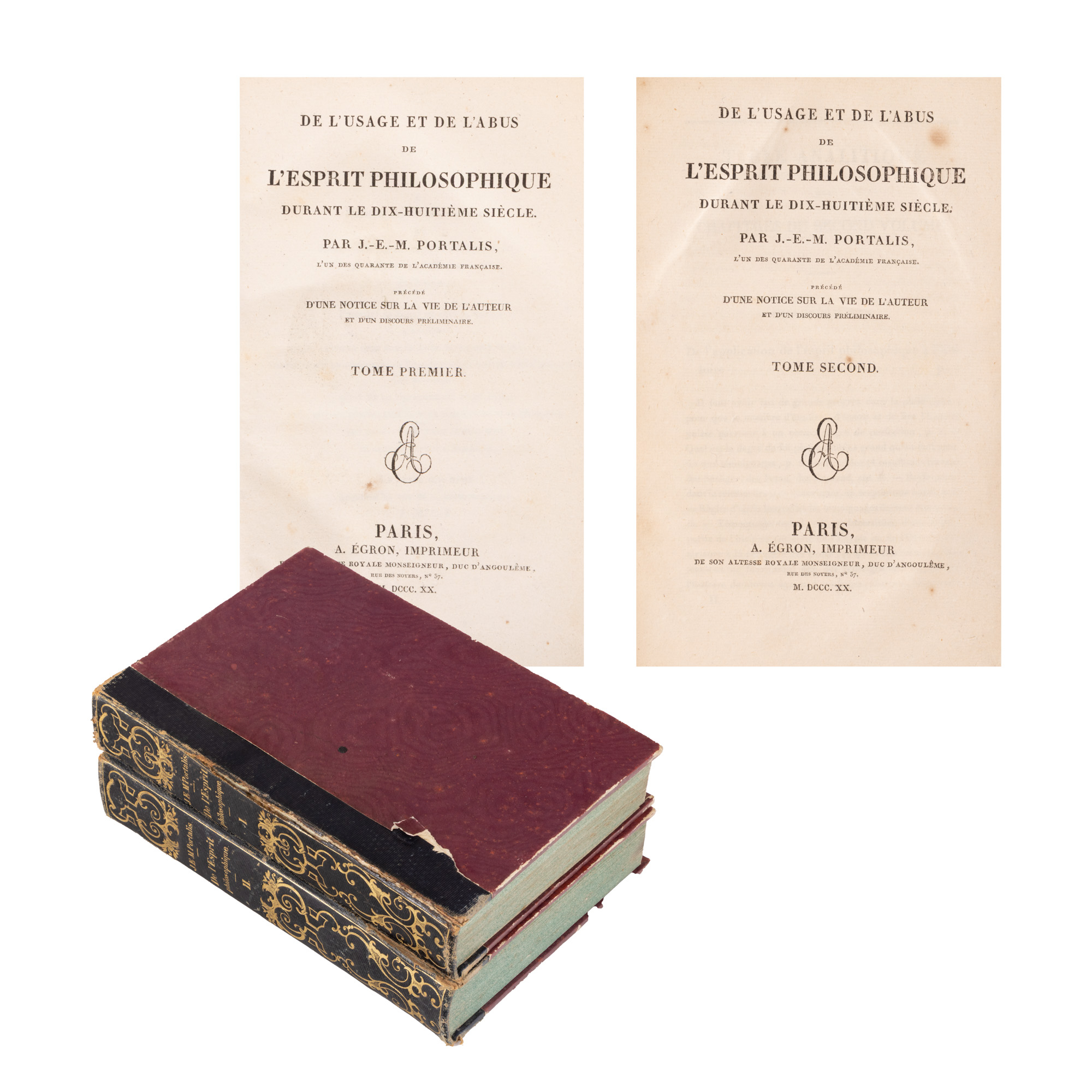 "About the use and abuse of the philosophical spirit during the eighteenth century", by Jean Etienne Marie Portalais, vol. I and II, Paris, 1820, with ex libris by Dimitrie I. Ghica