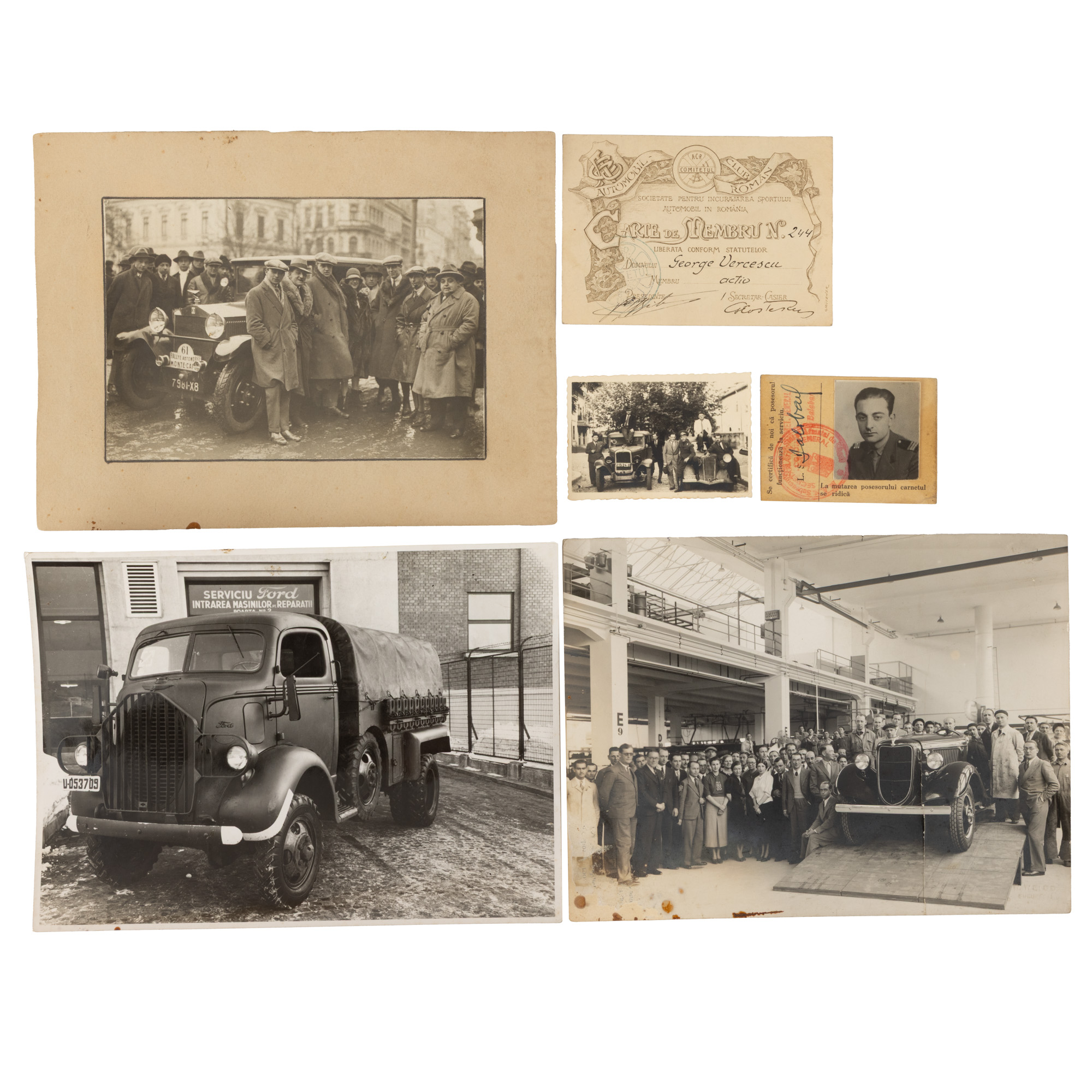 Lot format din patru fotografii ilustrând uzina de mașini Ford București, atelier W. Weiss, o carte de membru al Automobil Clubul Român și un carnet de identitate al căpitanului Ioan Gh. Vercescu, 1940-1943