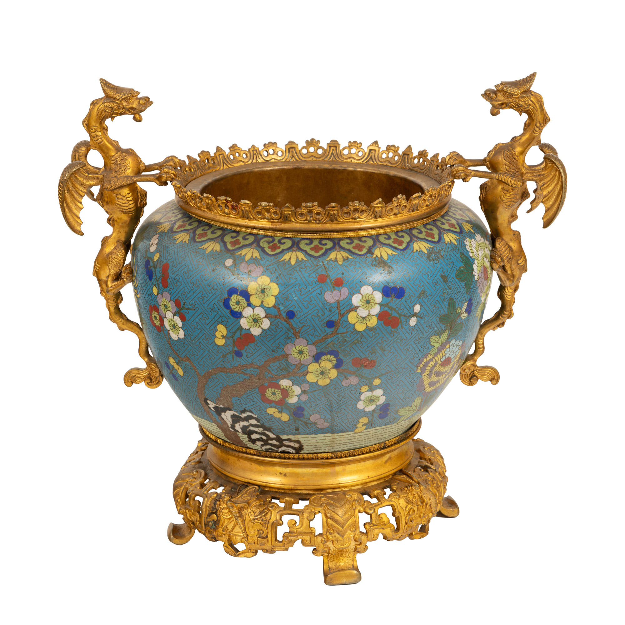 Cache-pot din bronz doré, decorat cu cloisonné, sfârșitul dinastiei Qing, începutul sec. XX 