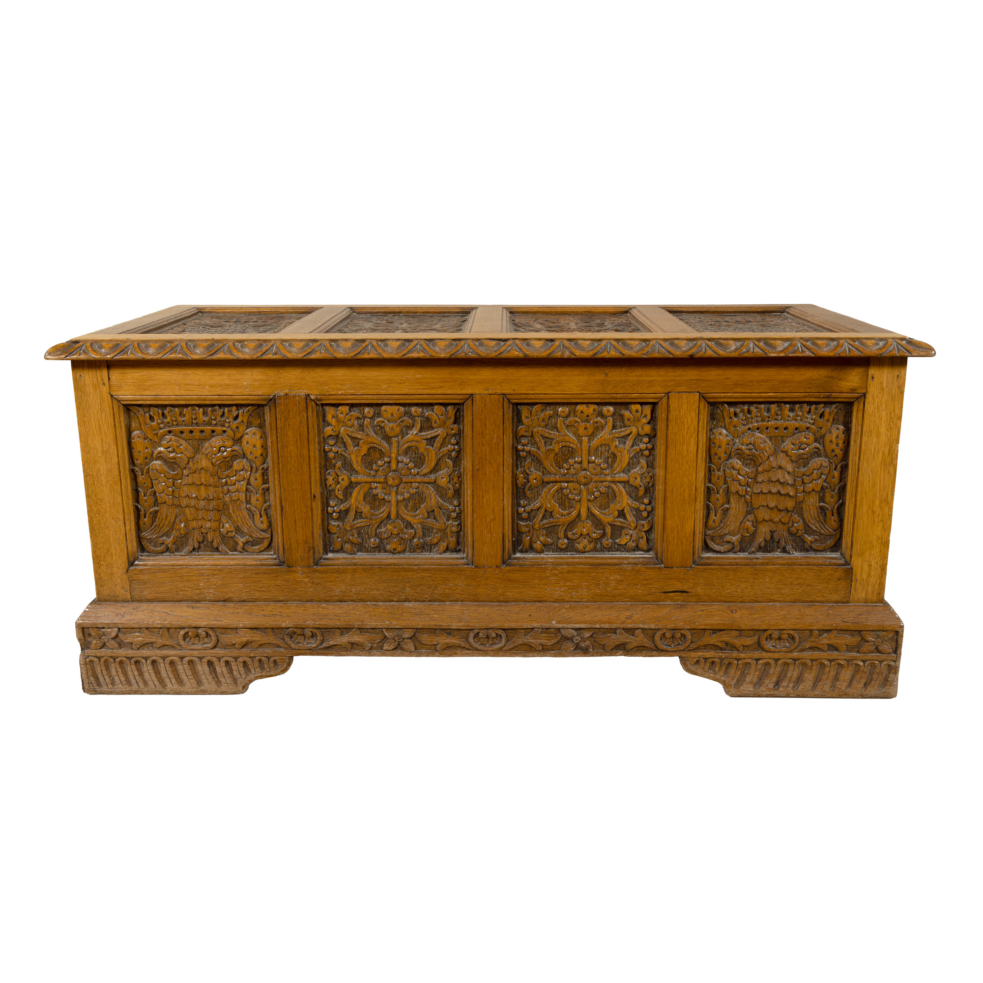 Renaissance Revival Cassone, Carved Wood, Decorated with Heraldic Allegories and Double-Headed Eagle, End of the 19th Century