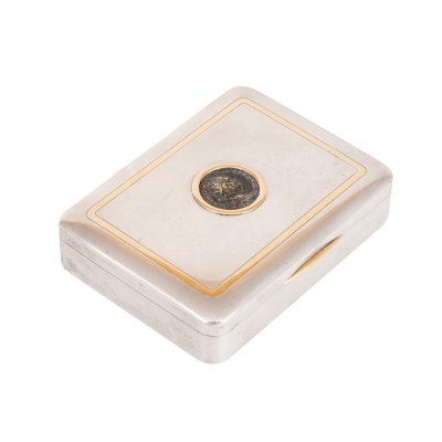 G. Petochi Silver Box, decorated with a Denarius coin, Vespasian 69-79 a.d., and gold inlay
