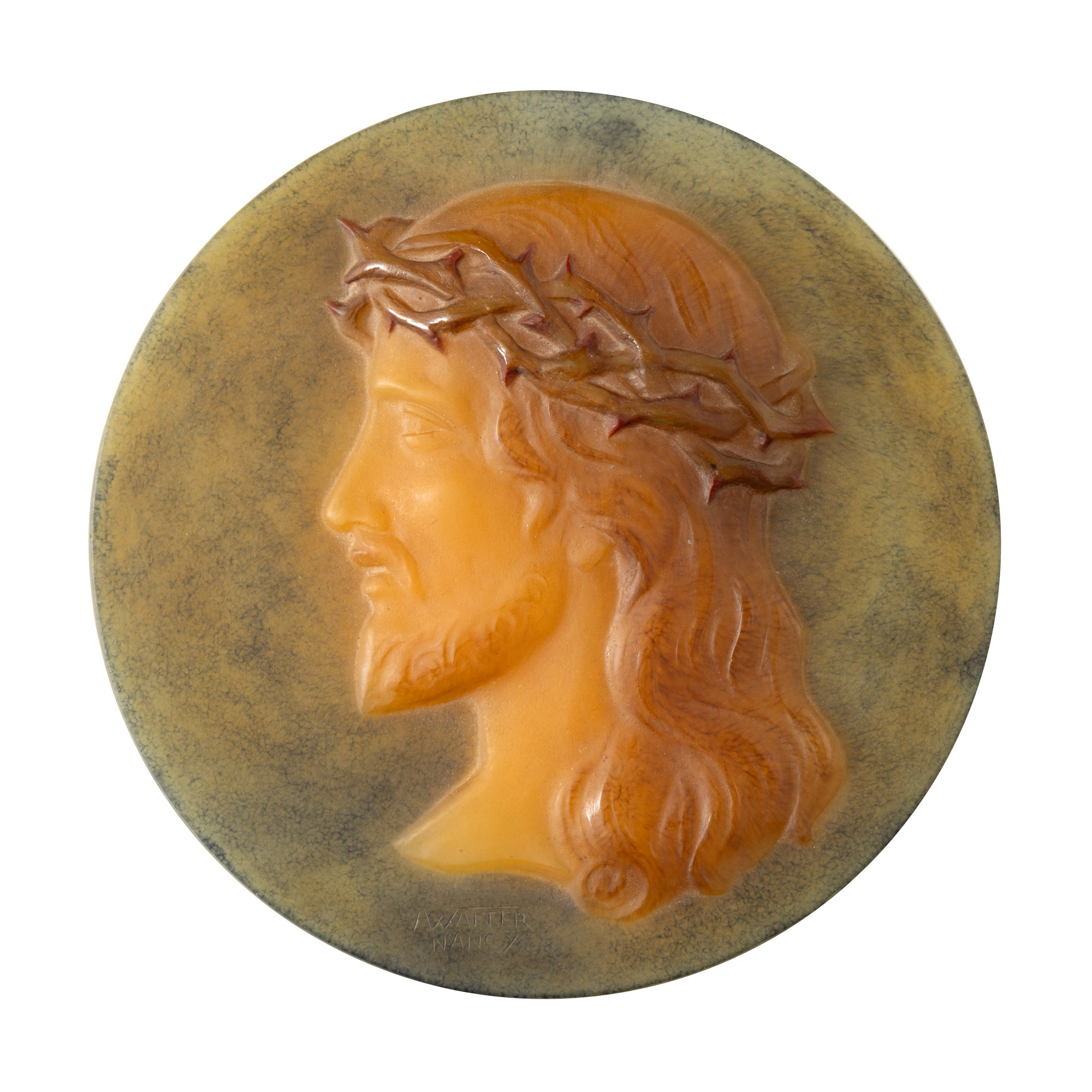 ”Christ” - plachetă din sticlă, decorată în tehnica pâte de verre, semnată Amalric Walter, Nancy, 1925