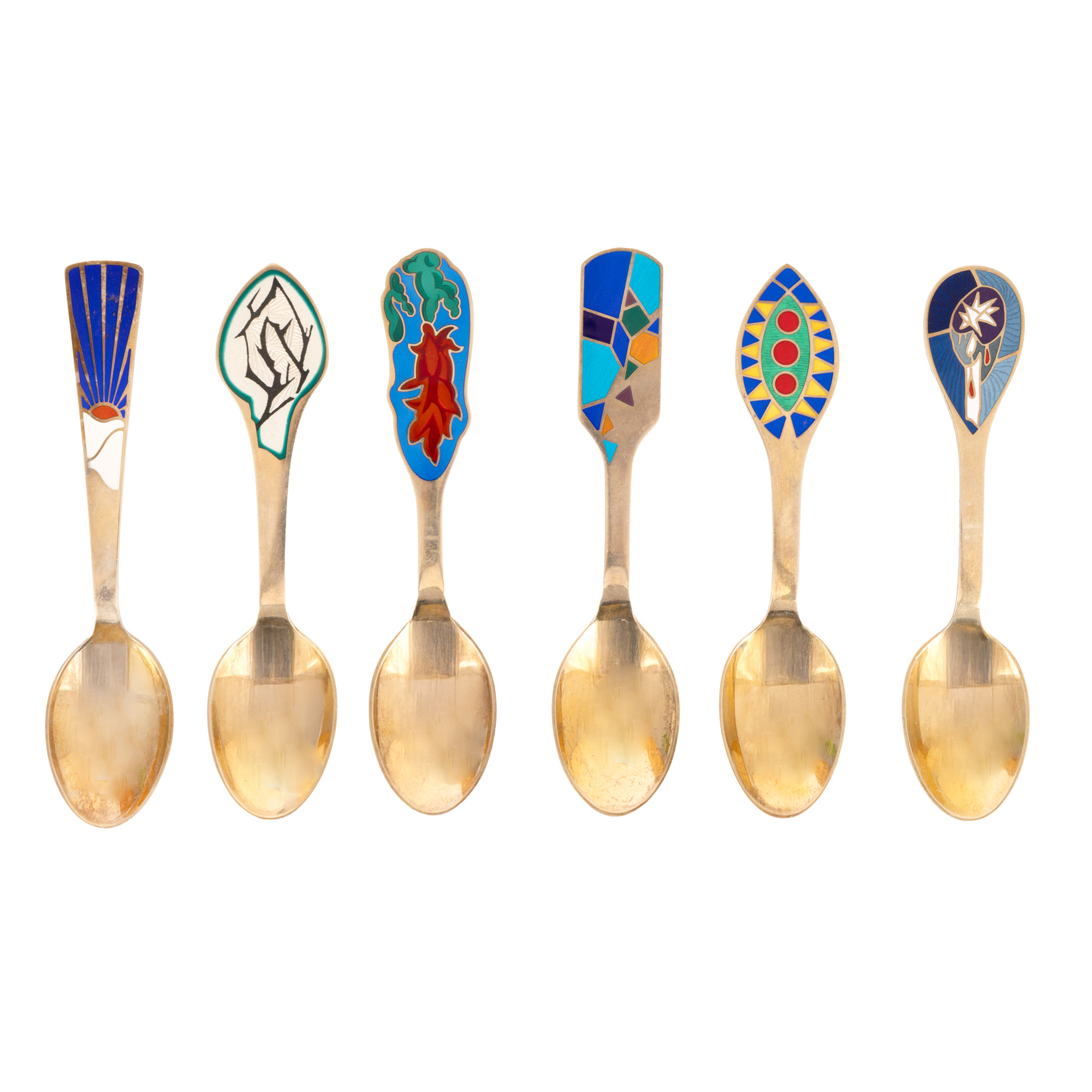 Set of six Anton Michelsen silver spoons, with enamel decoration