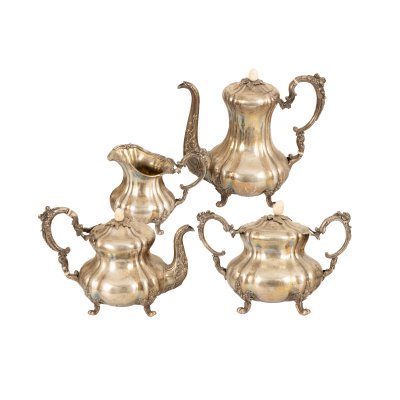 Set din argint, format din cafetieră, ceainic, letieră și zaharniță, decorat cu fildeș, semnat Ivan Gubkin