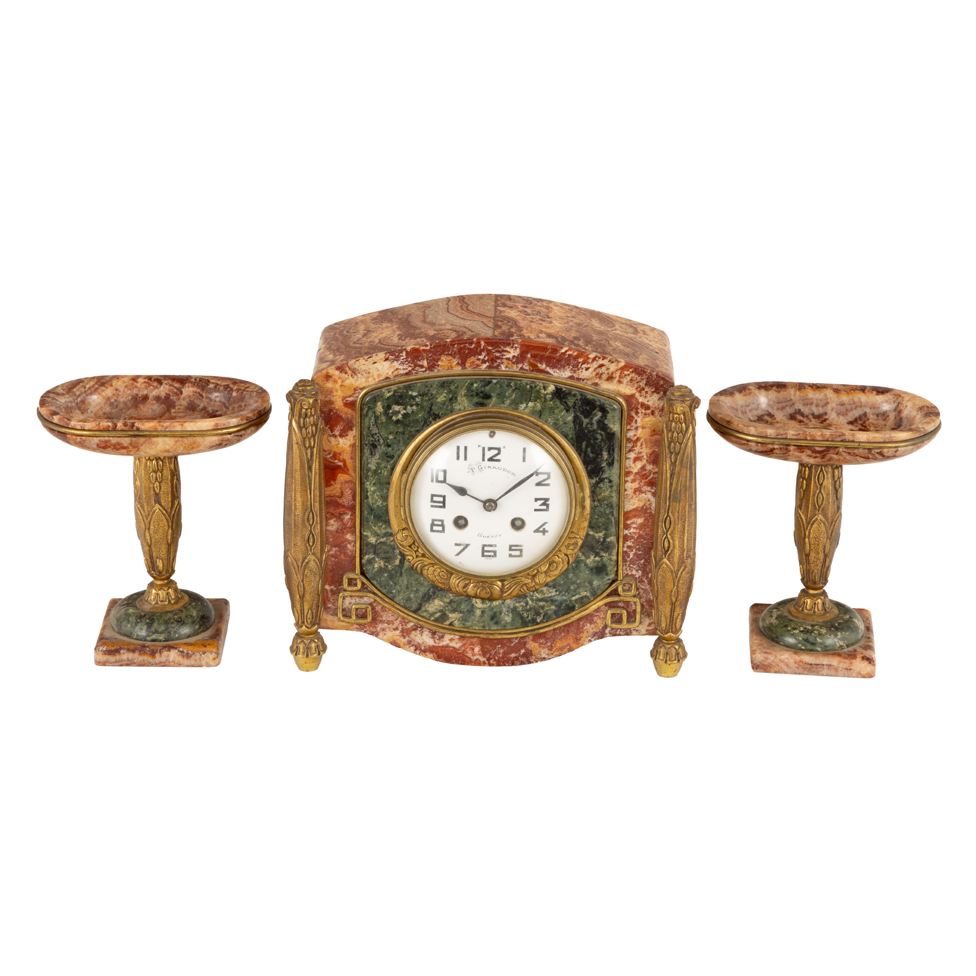 Art Deco fireplace set, made of two-coloured marble and gilded bronze, composed of a clock and a pair of catch-alls, cca. 1930