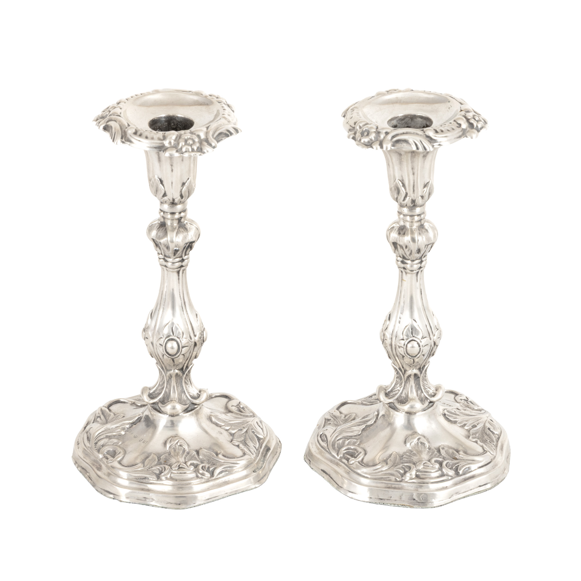 Pair of Neo-Rococo style silver candlesticks, circa 1860