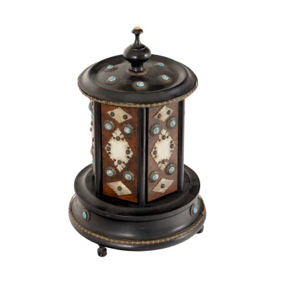 Napoleon III style box, made of wood, decorated with elements of painted porcelain and mother-of-pearl, circa 1900