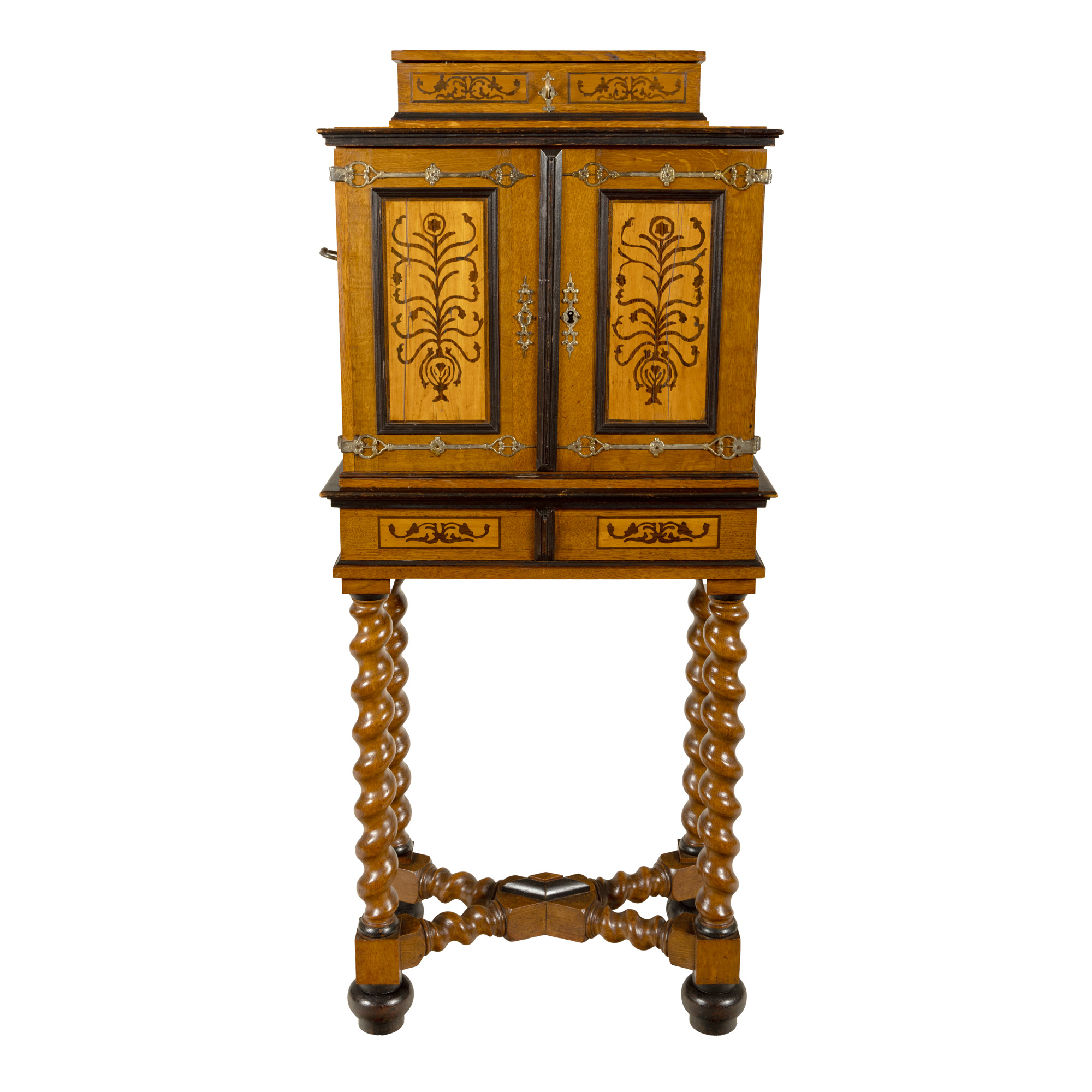 Flemish Historist Cabinet, with inlays and twisted legs, 19th century