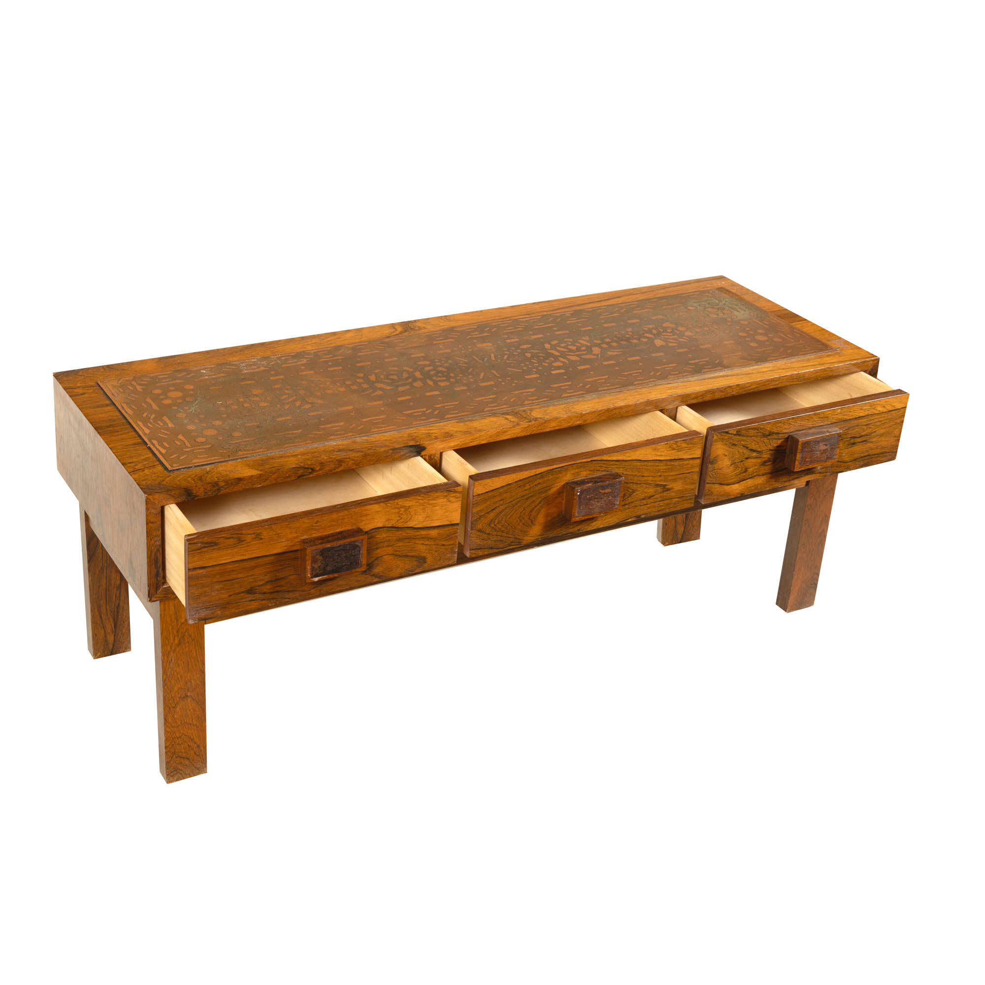 Consolă Mid-Century, decorată cu trandafiri traforați în cupru, mijlocul sec. XX