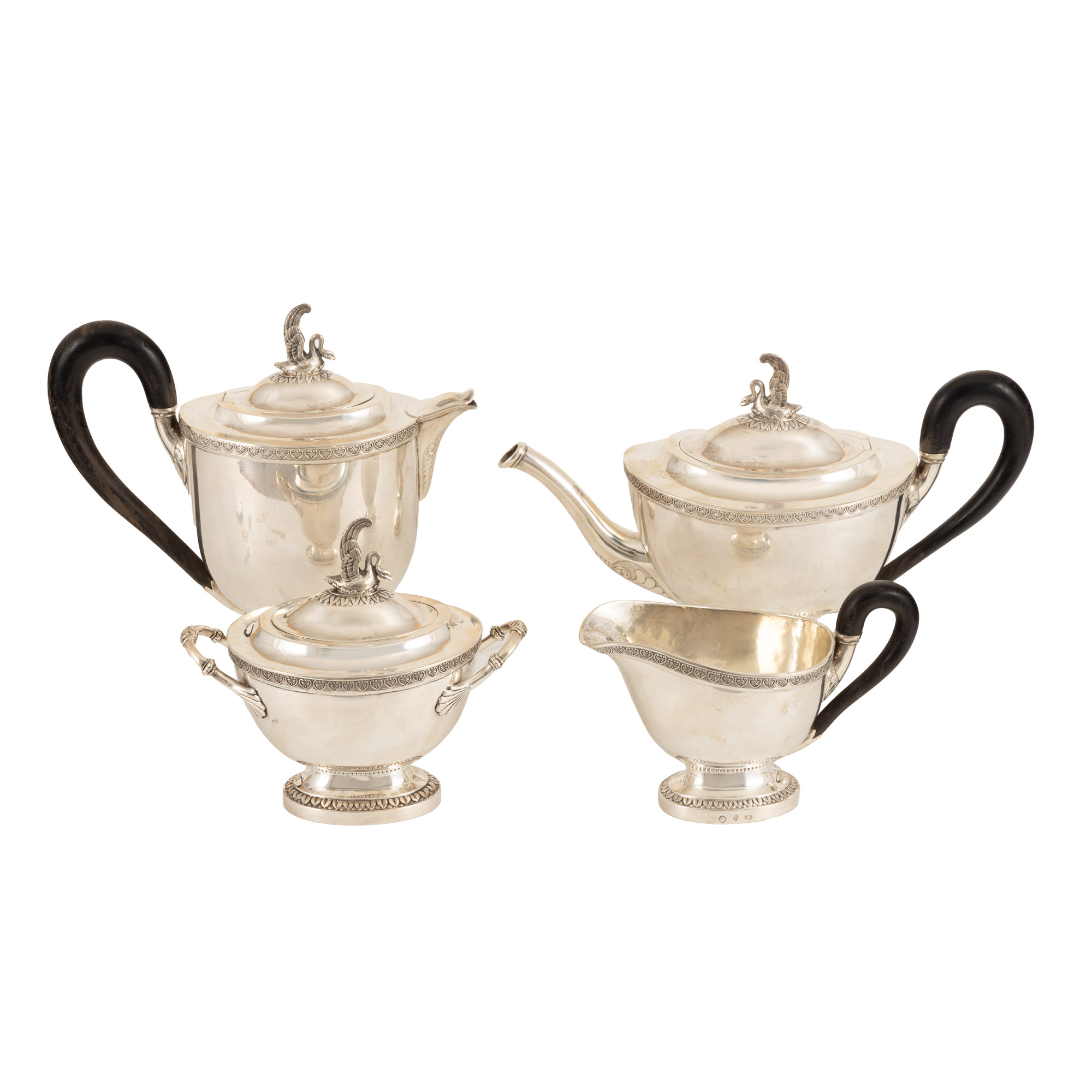 Silver set, consisting of coffee pot, teapot, milk jug and sugar bowl, decorated with horn, approx. 1814-1831