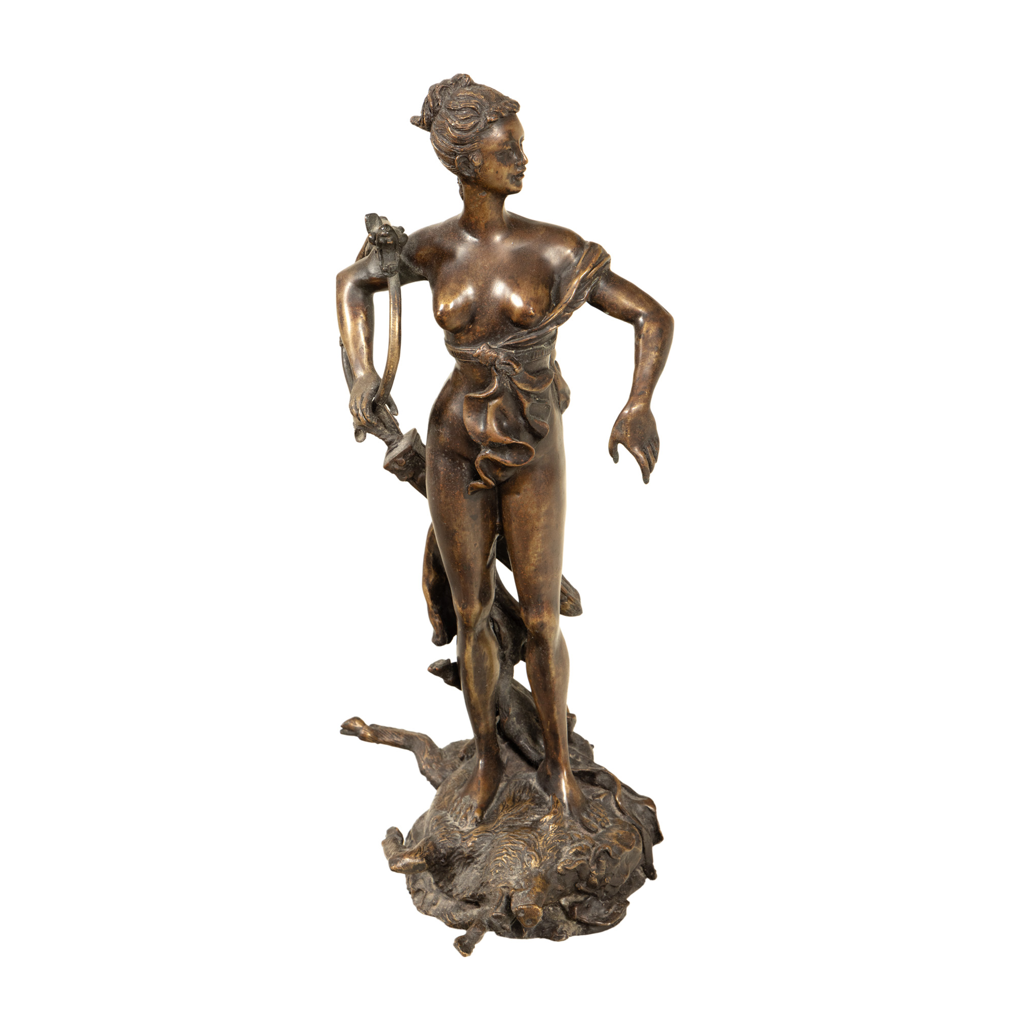 Statuetă decorativă din bronz, reprezentând-o pe Diana, zeița vânătorii