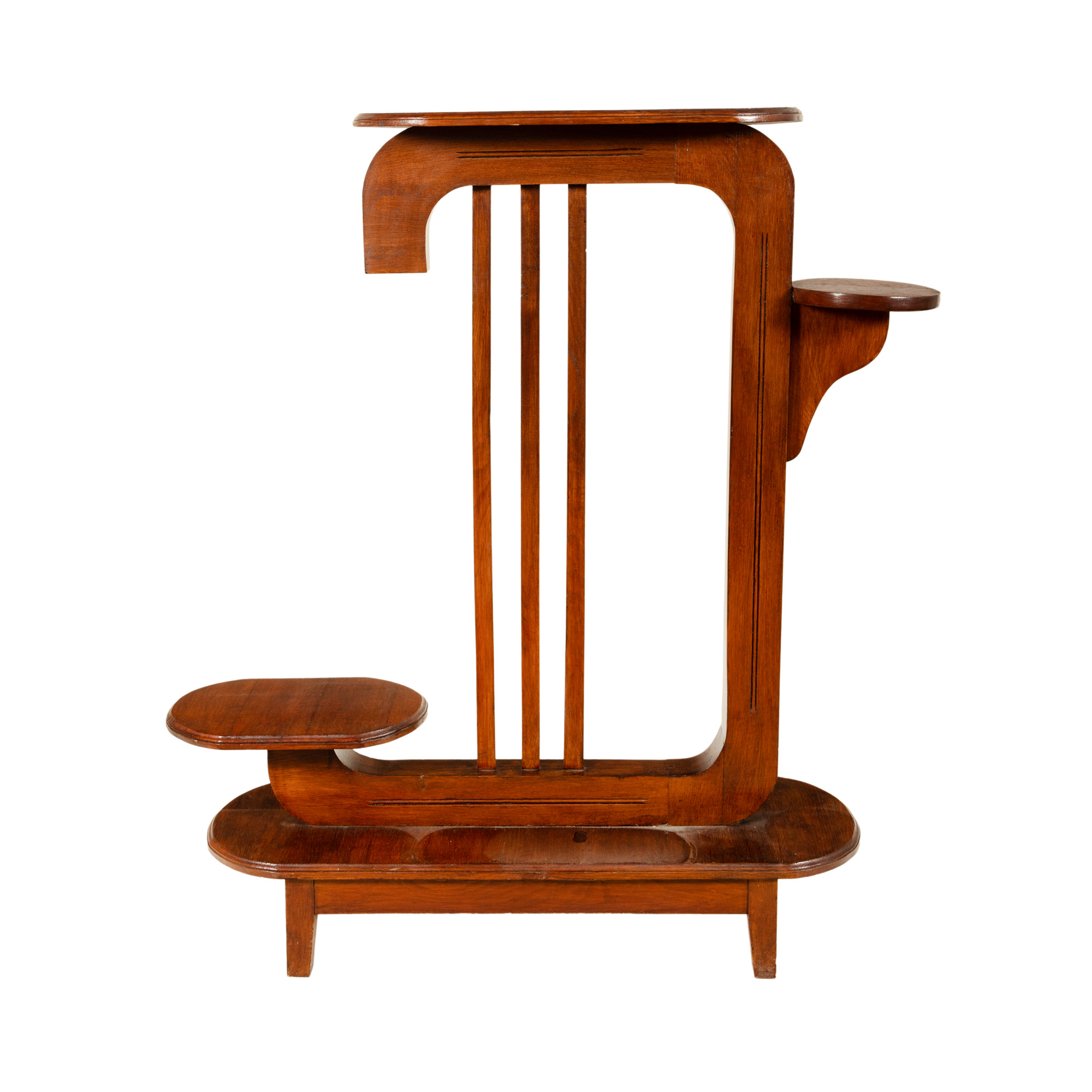Etajeră Art Deco, din lemn, realizată sub formă de liră stilizată, cca. 1920-1930