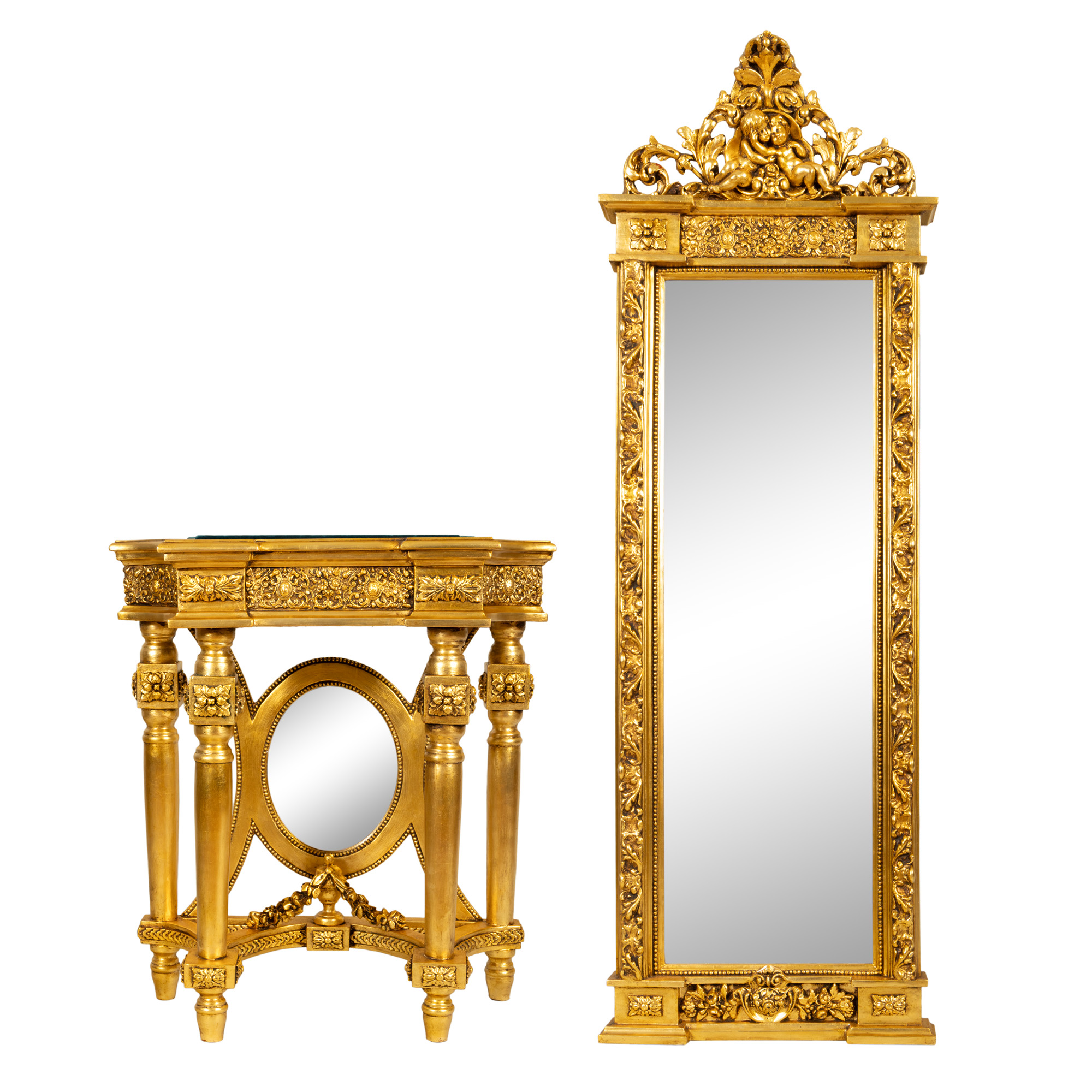 Oglindă și consolă Louis XV din lemn aurit