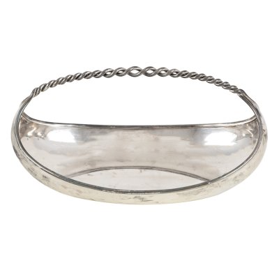 Silver bread basket, decorated with twisted handle