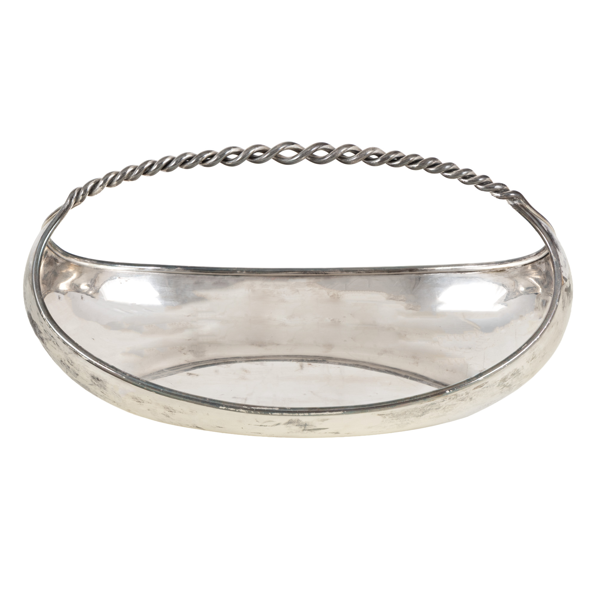 Silver bread basket, decorated with twisted handle