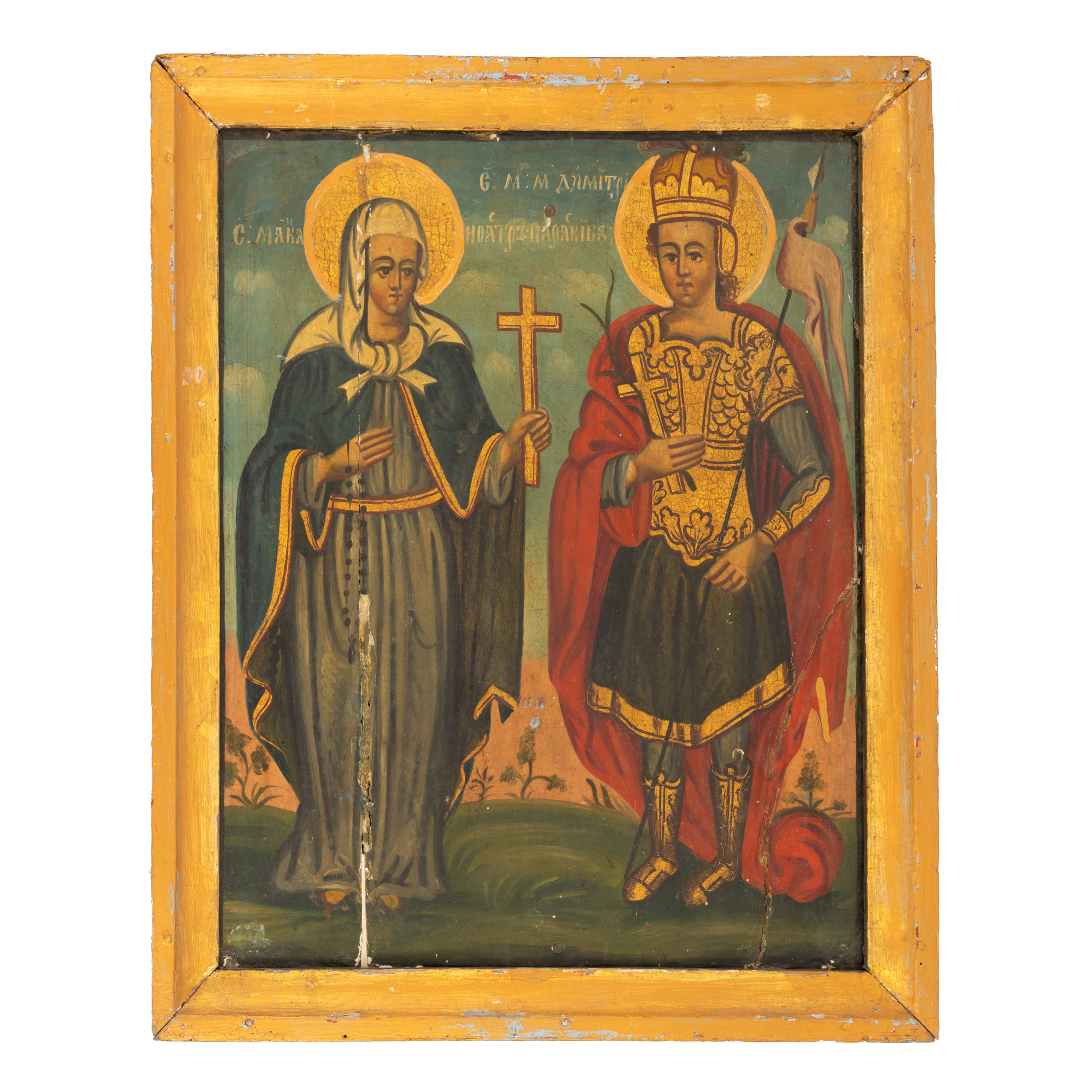 Icoană pe lemn, ”Sfânta Paraschiva și Sfântul Mare Mucenic Dimitrie”, școală românească, prima jumătate a sec. XIX