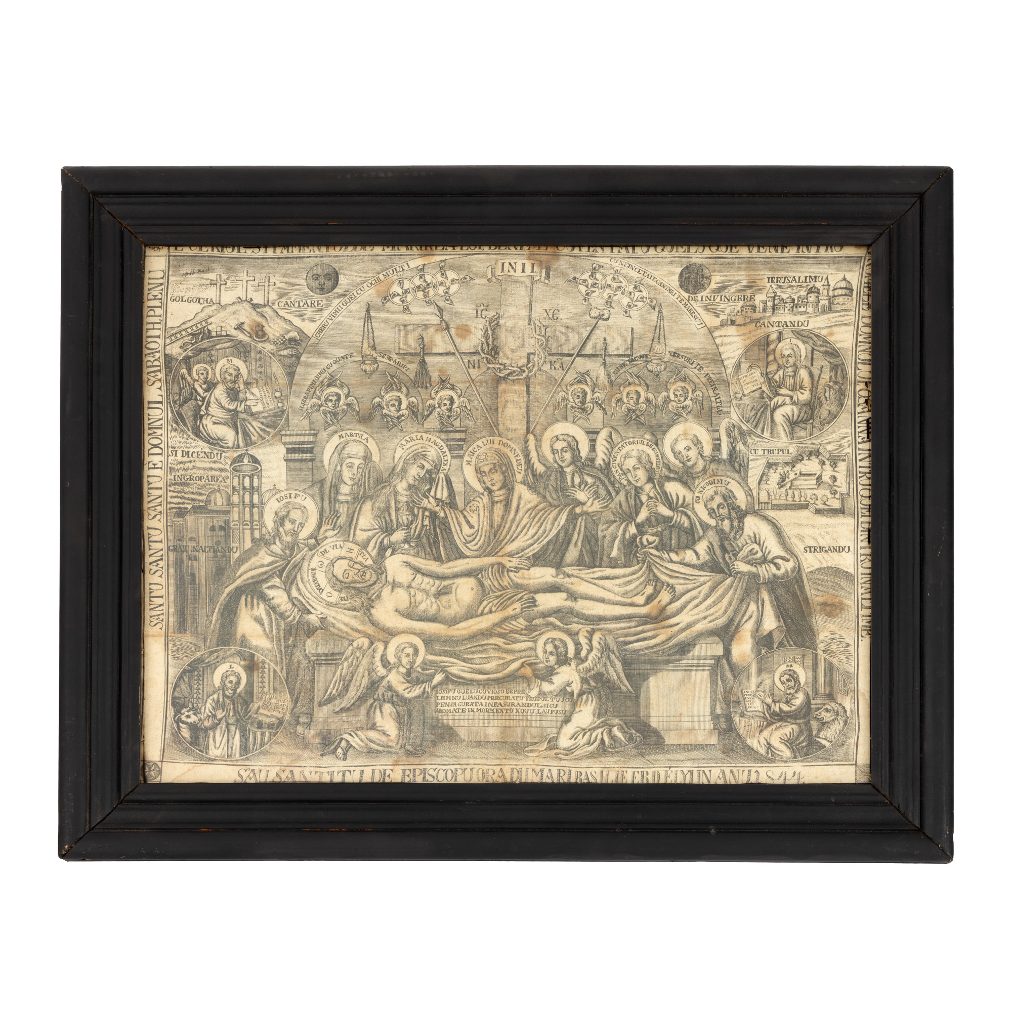 Antimis, ”Plângerea lui Iisus”, școală românească, 1844, sfințit de Episcopul de Oradea Mare Vasile Erdeli, piesă rară