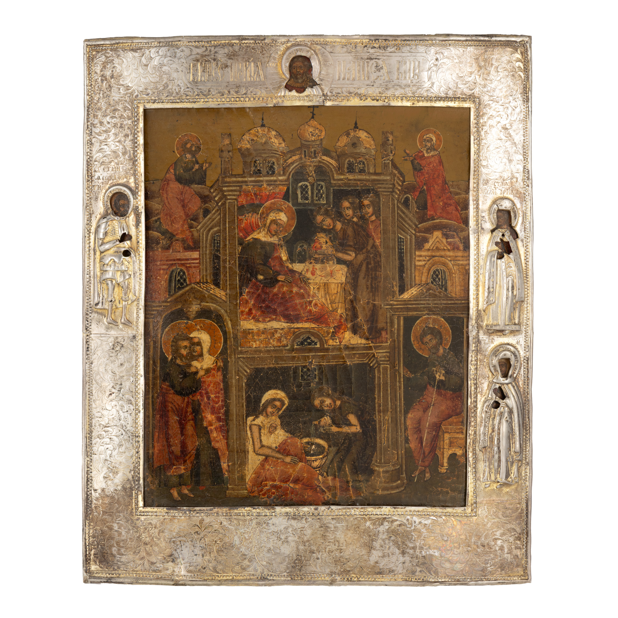 Icon on wood, with gold-plated silver lock, "The Birth of the Virgin Mary", Russian school, half of sec. approx. 1770, rare collection piece