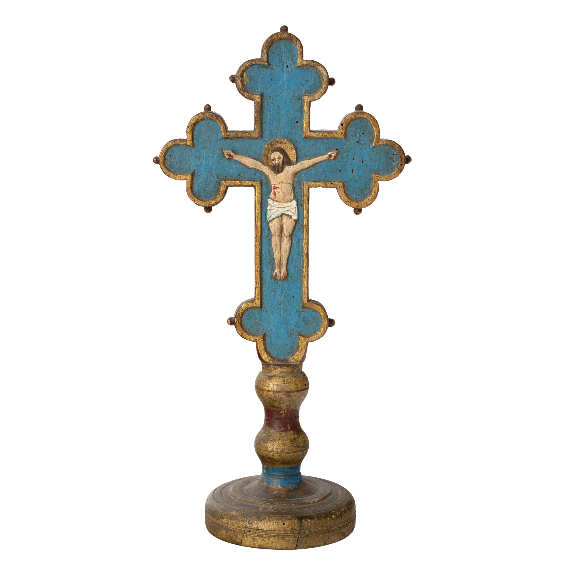 Table cross, carved and painted with the "Crucifixion" scene, Romanian school, second half of the 19th century