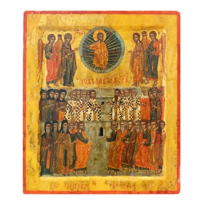 Icoană pe lemn, ”Duminica Tuturor Sfinților”, școală moldovenească, epoca lui Ieremia Movilă, sfârșitul sec. XVI-începutul sec. XVII, provine din colecția dr. Ioan Dumitrescu-Popovici, piesă de muzeu, retrocedată de Muzeul National de Artă al României, raritate extremă