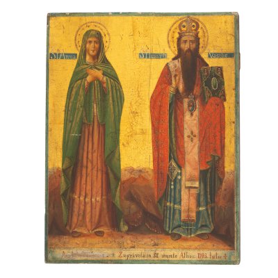 Icoană pe lemn, ”Sfânta Ana și Sfântul Vasile”, școală românească, ”zugrăvită în Sfântul Munte Athos”, 1903, piesă rară, de colecție