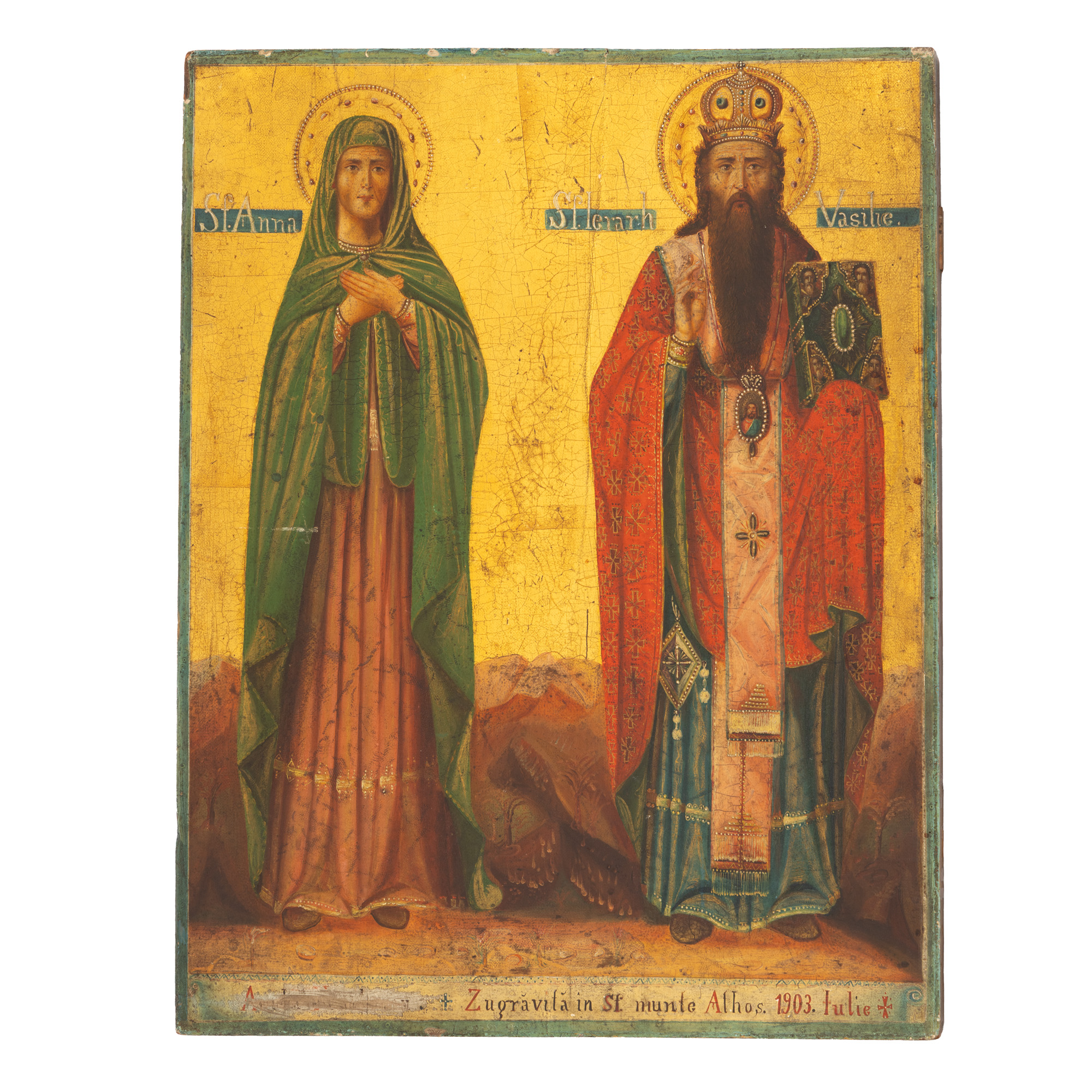 Icoană pe lemn, ”Sfânta Ana și Sfântul Vasile”, școală românească, ”zugrăvită în Sfântul Munte Athos”, 1903, piesă rară, de colecție