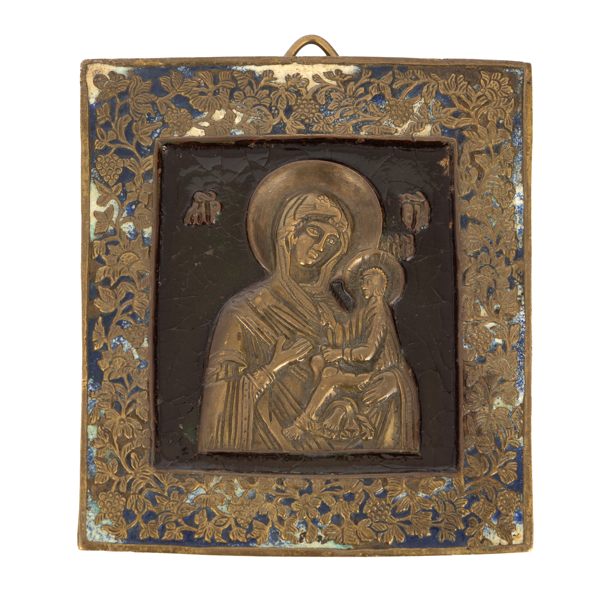 Brass icon with enamel, "Madonna and Child", Russian workshop, 19th century
