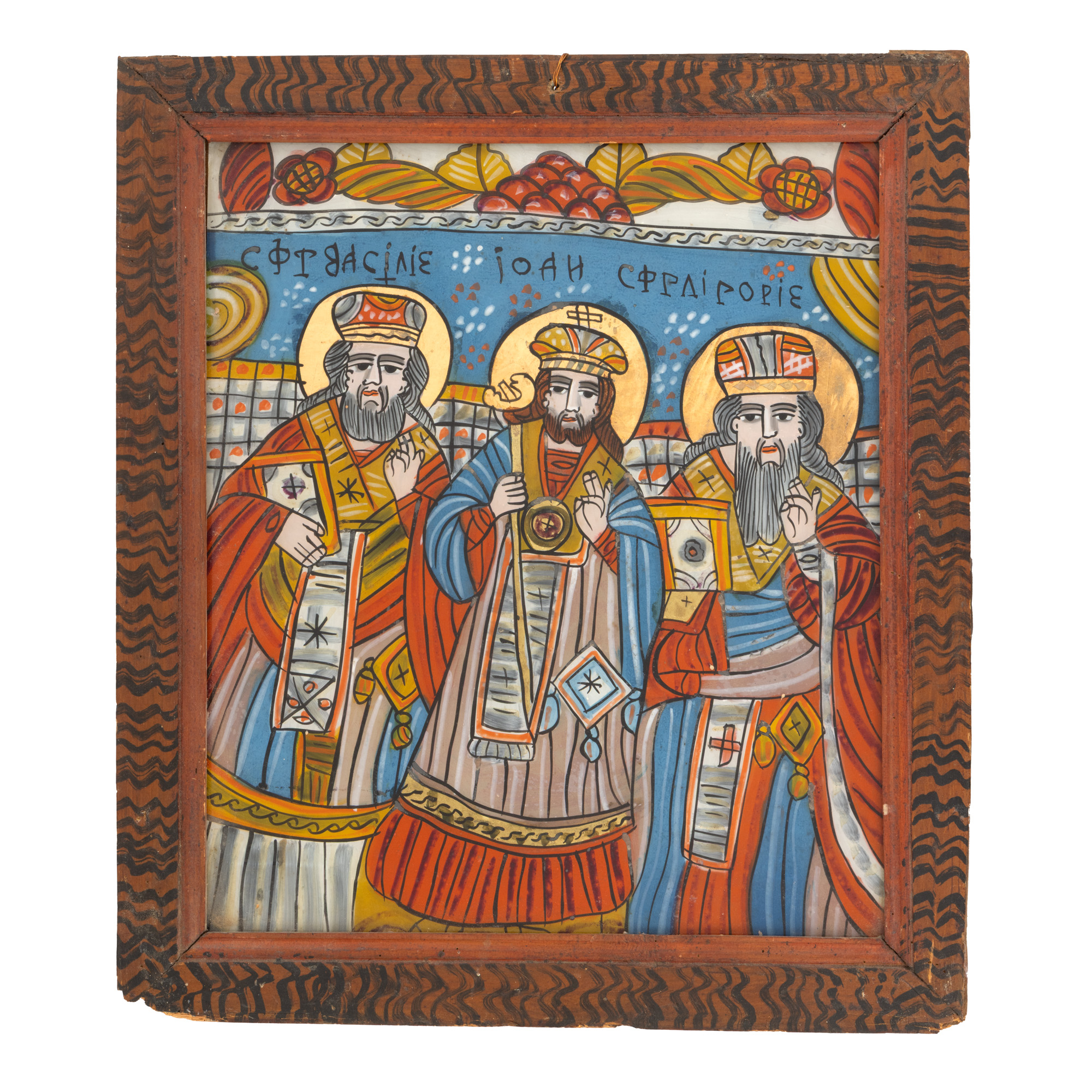Icoană pe glajă, ”Sfinții Trei Ierarhi”, atelier din Șcheii Brașovului, a doua jumătate a sec. XIX 