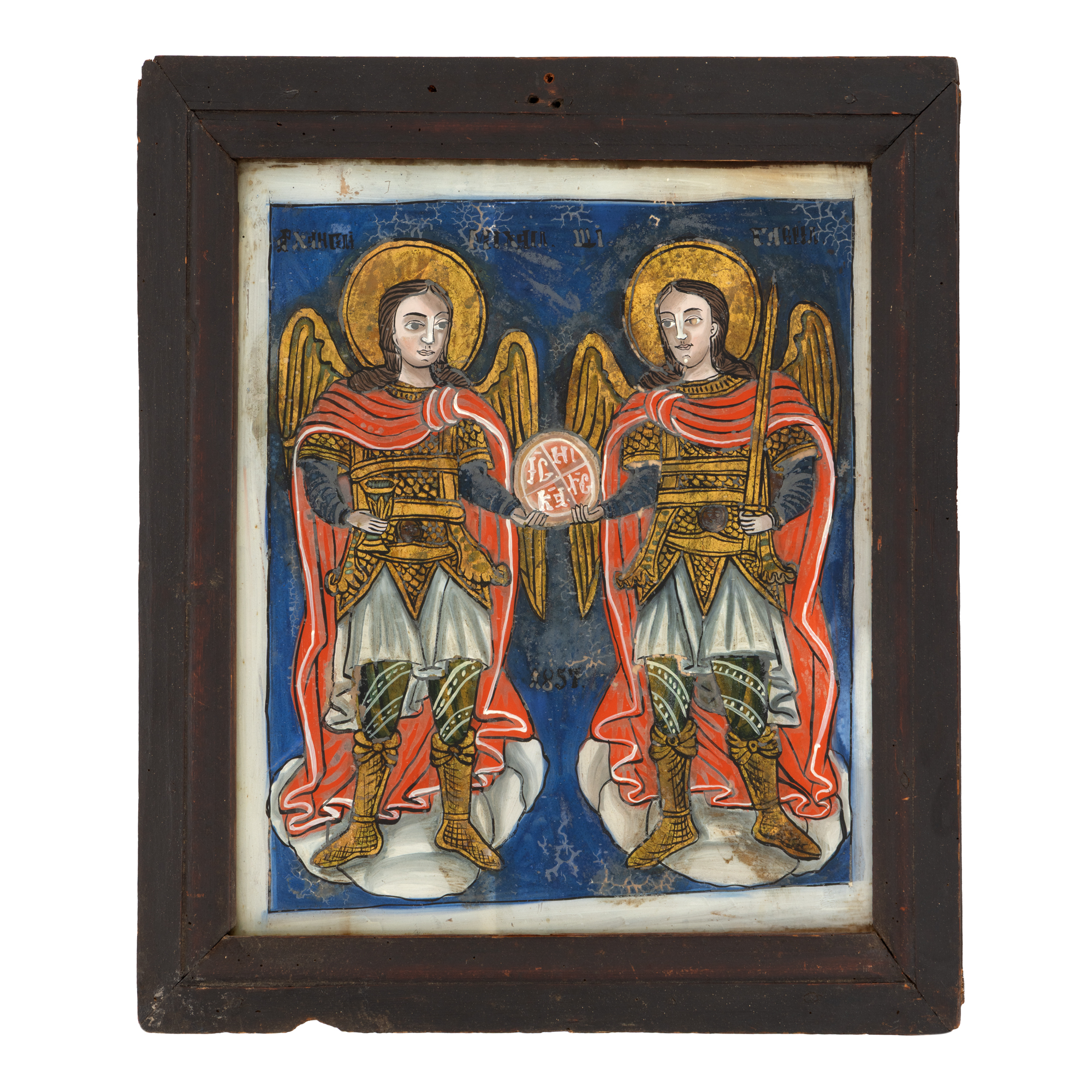 Icoană pe glajă, ”Sfinții Arhangheli Mihail și Gavril”, atribuit zugrav Simion Poienaru, Laz, 1857, piesă foarte rară, de colecție
