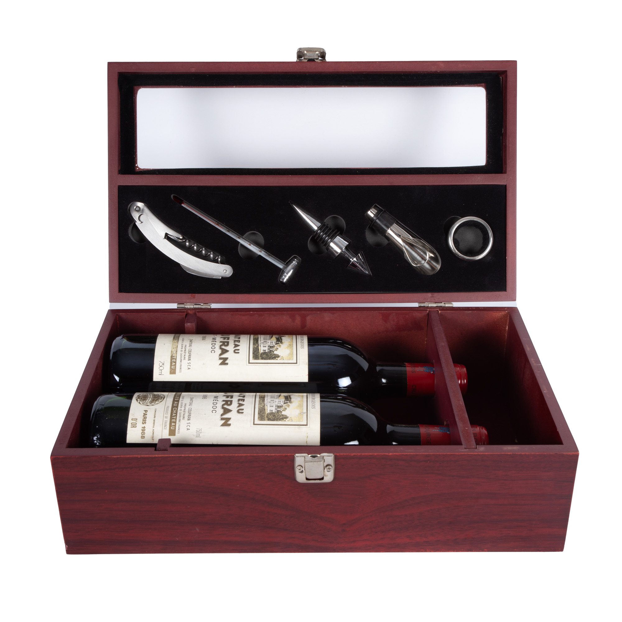 Château Coufran, Haut-Médoc, 1984/1986, 2st x 0,75l, însoțit de accesorii pentru servirea vinului