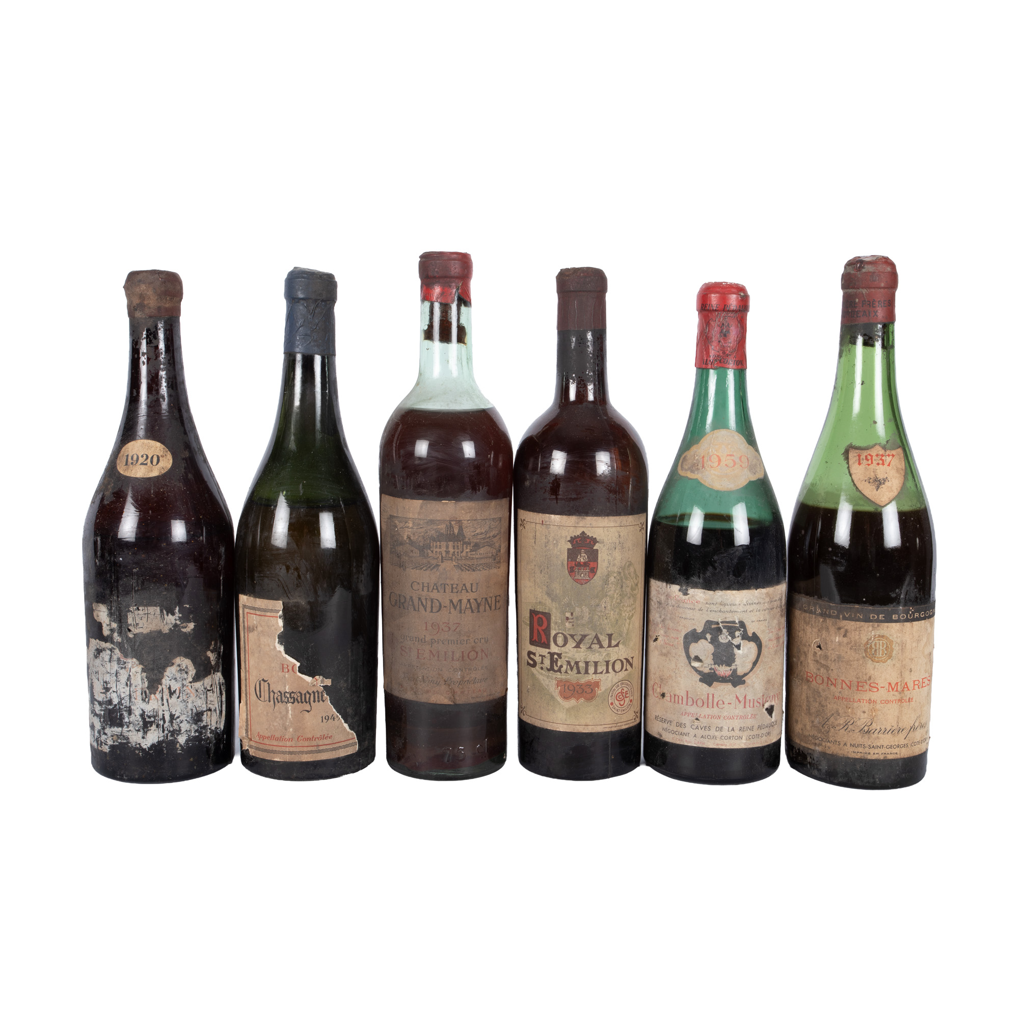 Lot consisting of various appellations, among them Saint-Émilion and Bonnes-Mares, 1920/1933/1937/1945/1959, 6st x 0.75l