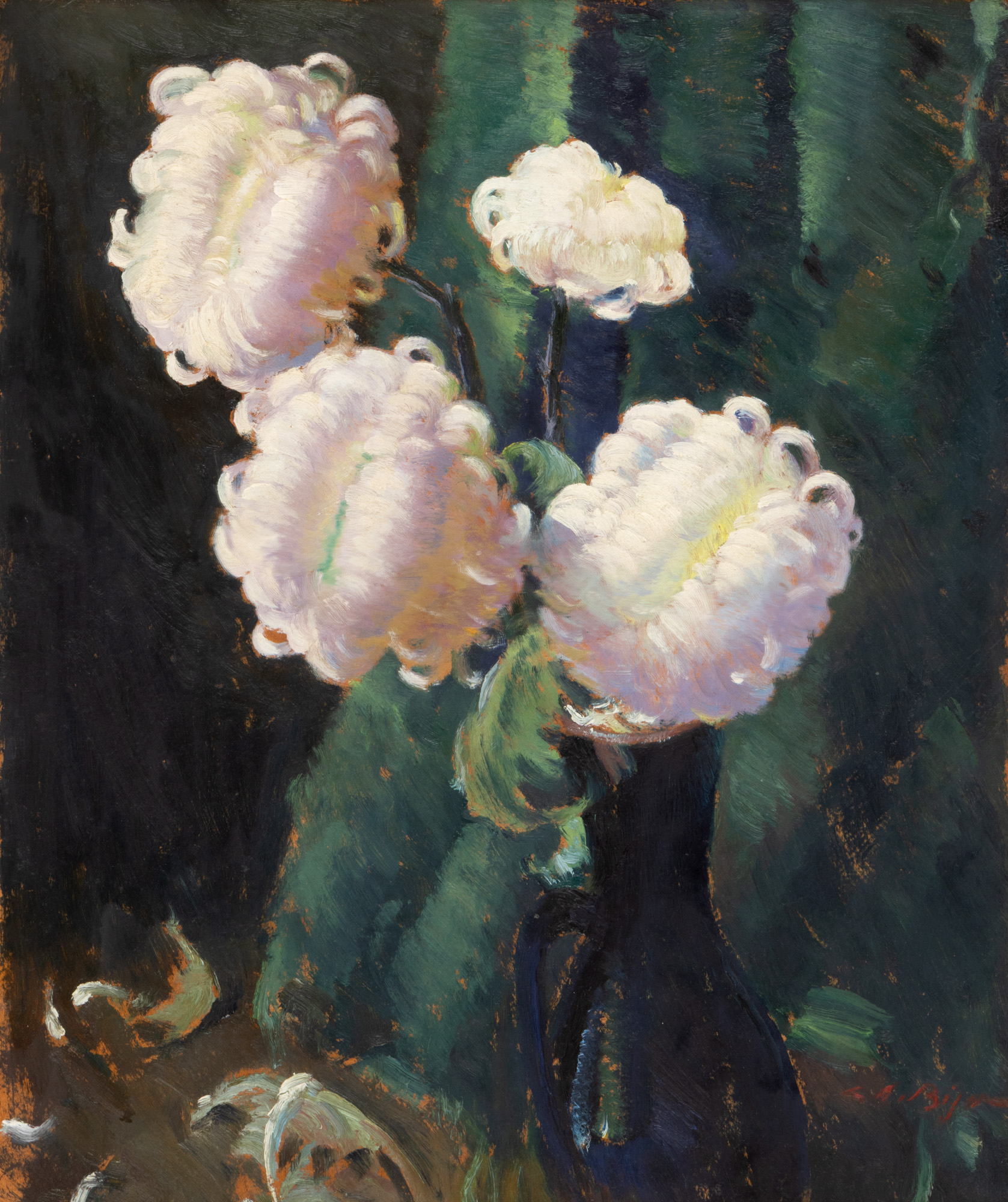 Jar with white chrysanthemums