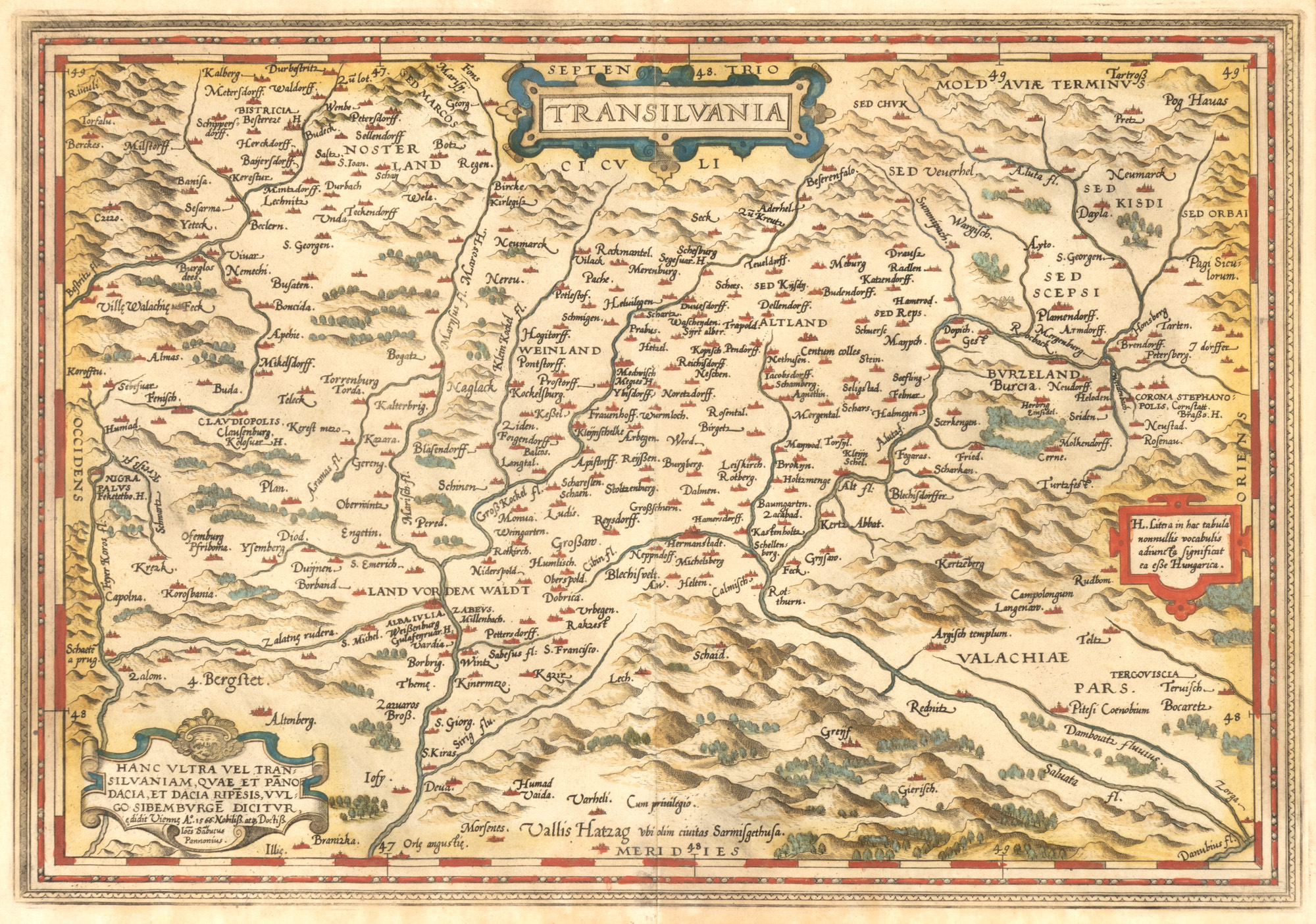 "Transylvania" Map, by Johannes Sambucus (Janos Zsamboky), printed by Abraham Ortelius, Orbis Terrarum edition, Antwerp, first edition in 1566