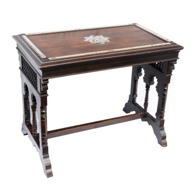Moorish style desk, made of ebonized wood and decorated with mother-of-pearl, first half of the 20th century