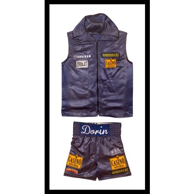 Equipment worn by Leonard Doroftei in the famous match with Paul Spadafora, May 17, 2003, framed
