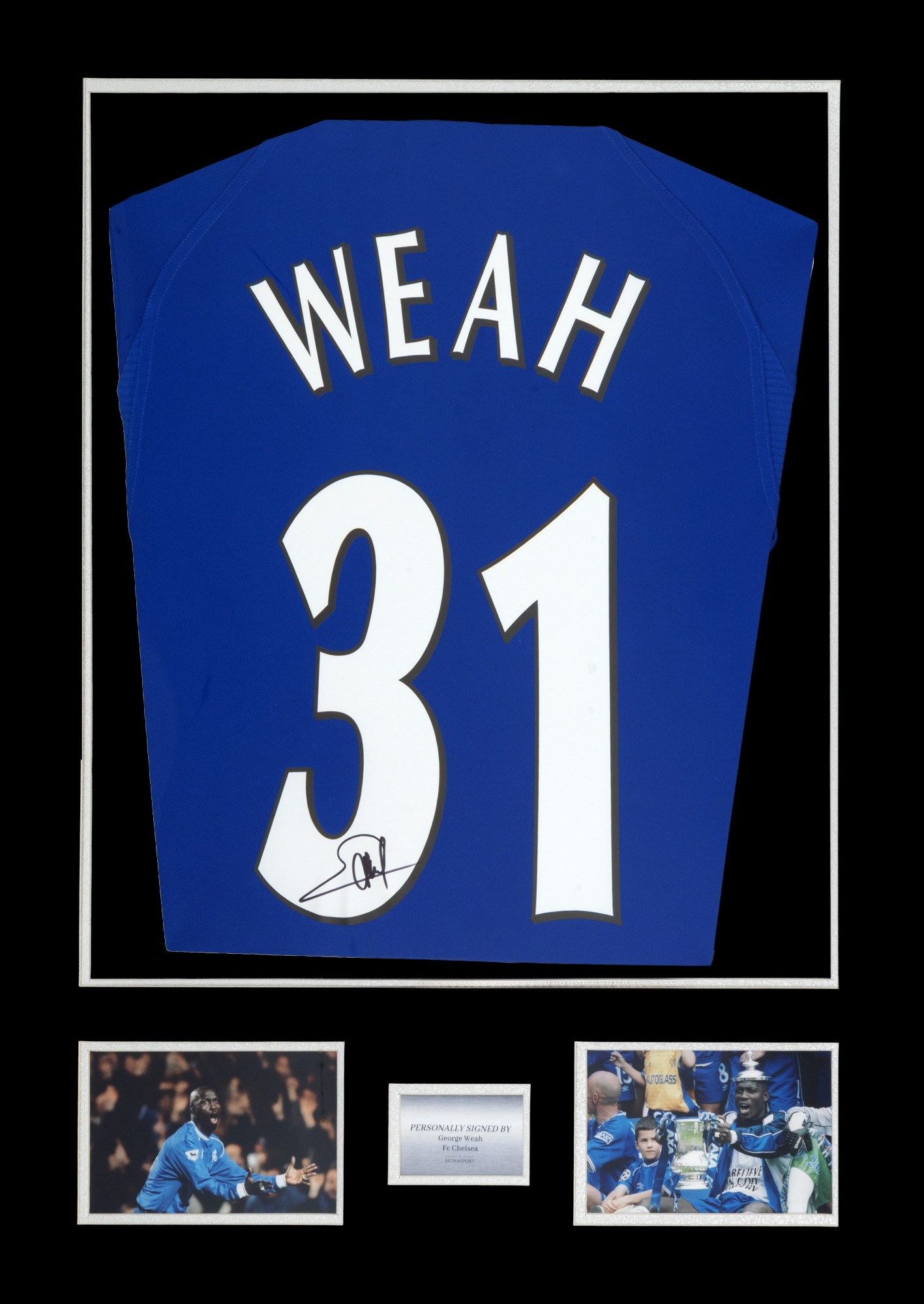 F.C. Chelsea T-shirt, with George Weah's holographic signature, framed