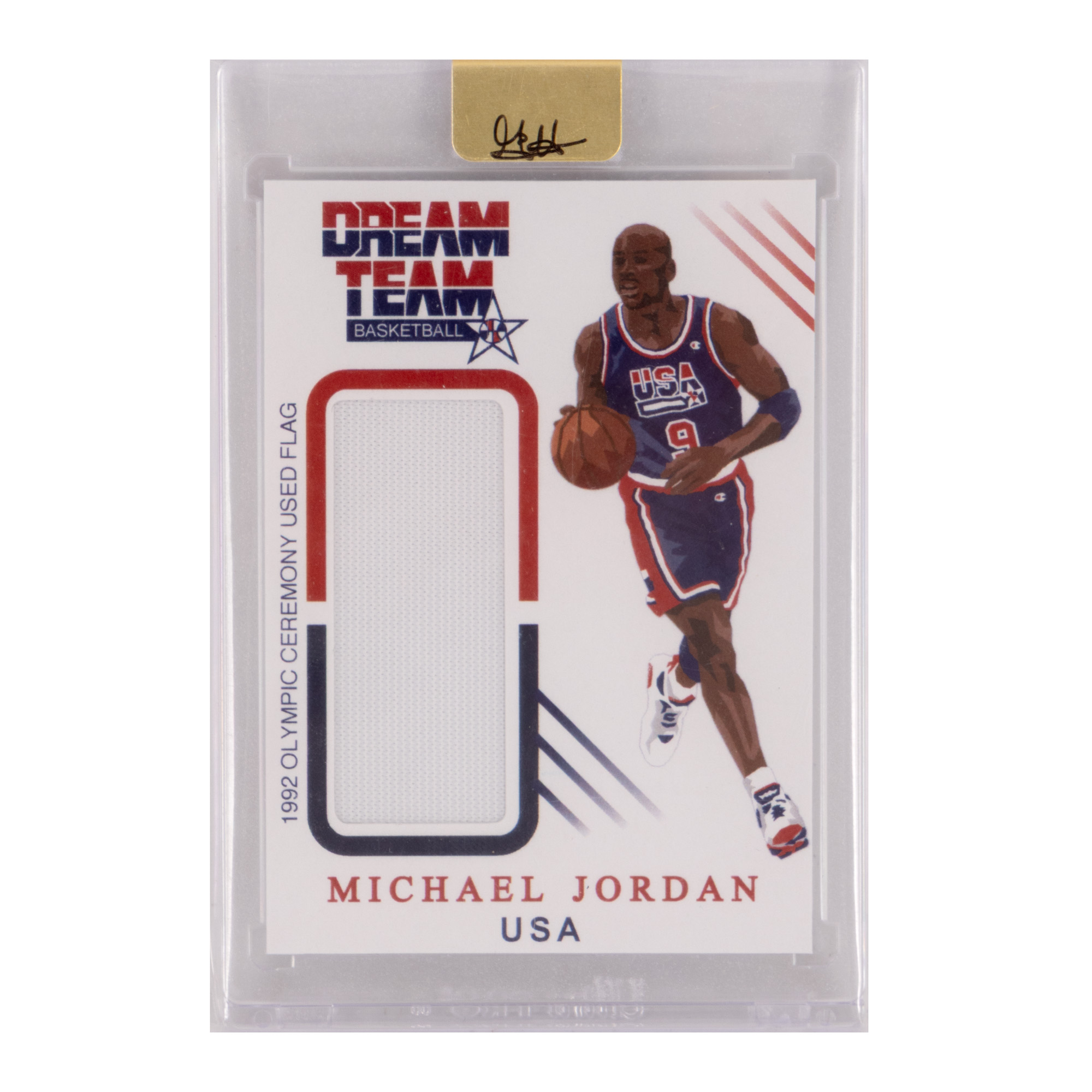 Lot format dintr-un eșantion al drapelului purtat de Michael Jordan în deschiderea Jocurilor Olimpice de la Barcelona, 1992, cu semnătura olografă a acestuia, exemplar nr. 16/50