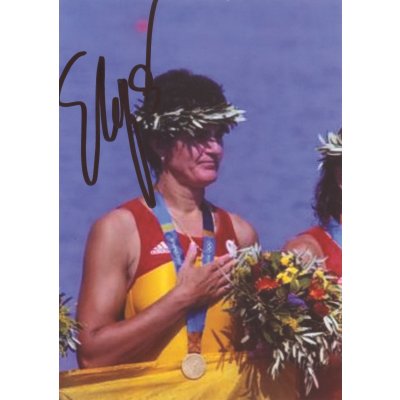 Photograph of Elisabeta Lipă, at the gold medal award ceremony, 2004 Athens Olympic Games, with the autograph of the athlete, framed