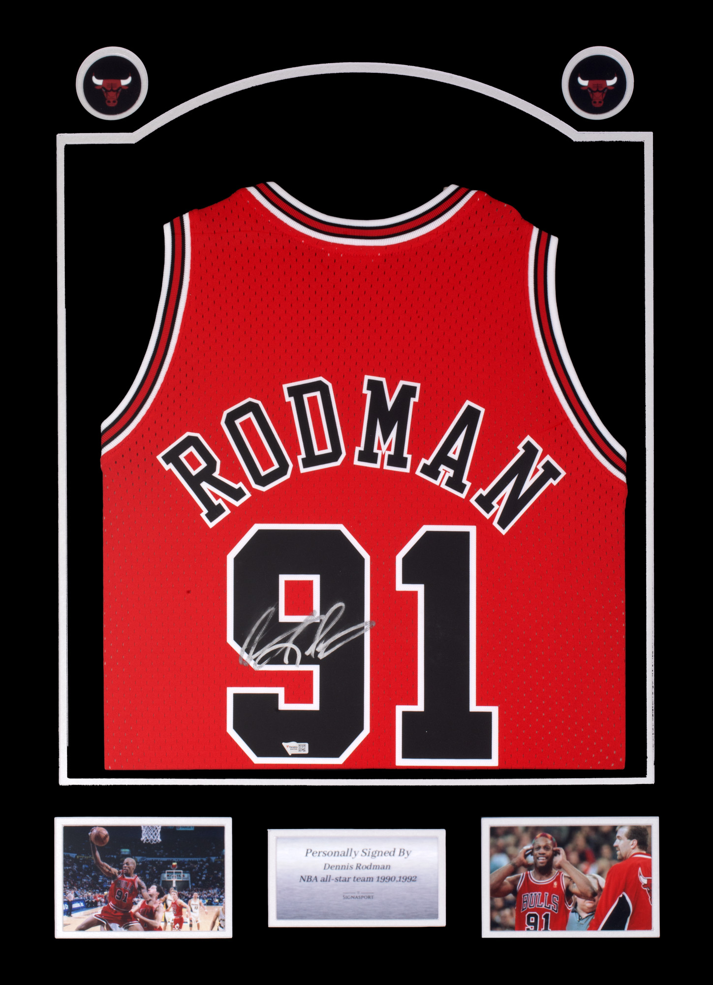 Framed Chicago Bulls T-shirt, with Dennis Rodman's holographic signature
