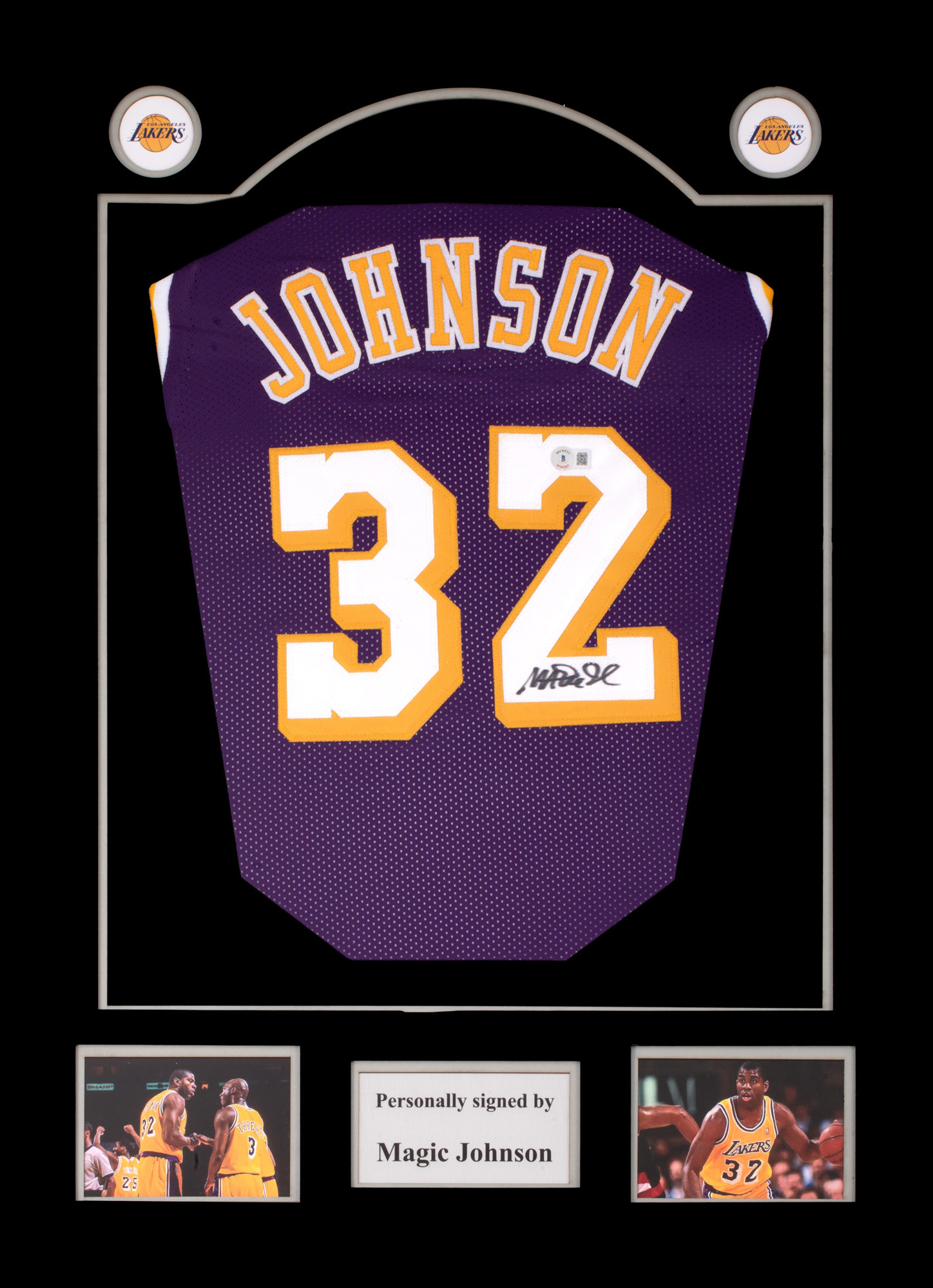 L.A. Lakers T-shirt, with Magic Johnson's holographic signature, framed